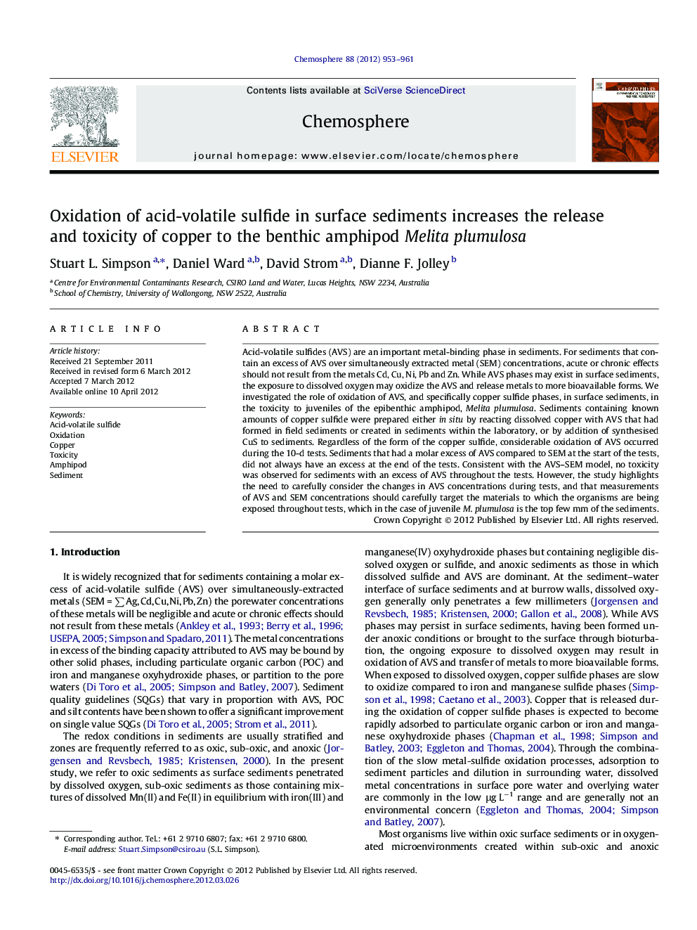 Oxidation of acid-volatile sulfide in surface sediments increases the release and toxicity of copper to the benthic amphipod Melita plumulosa