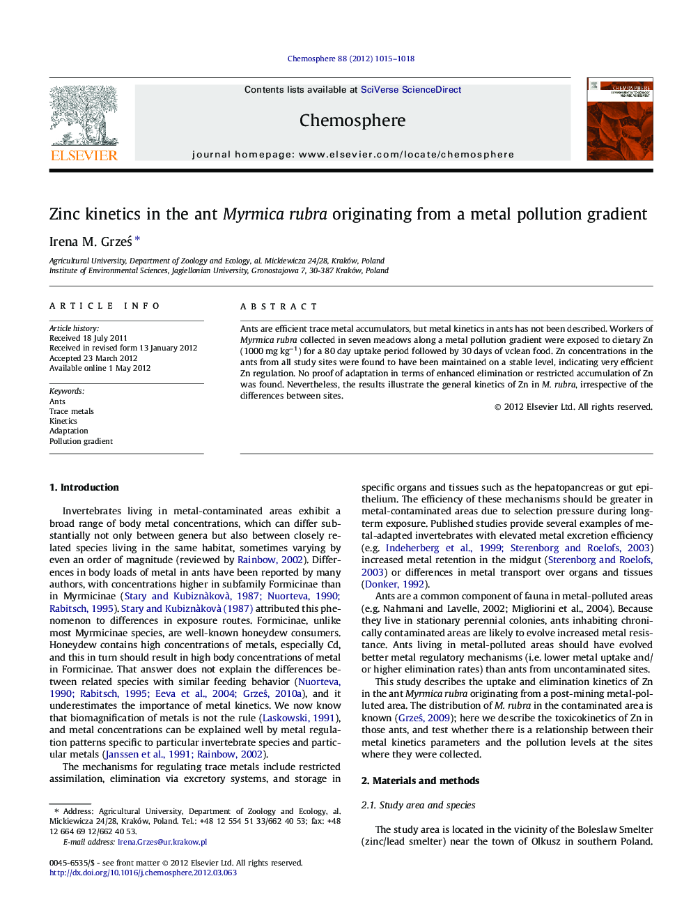 Zinc kinetics in the ant Myrmica rubra originating from a metal pollution gradient