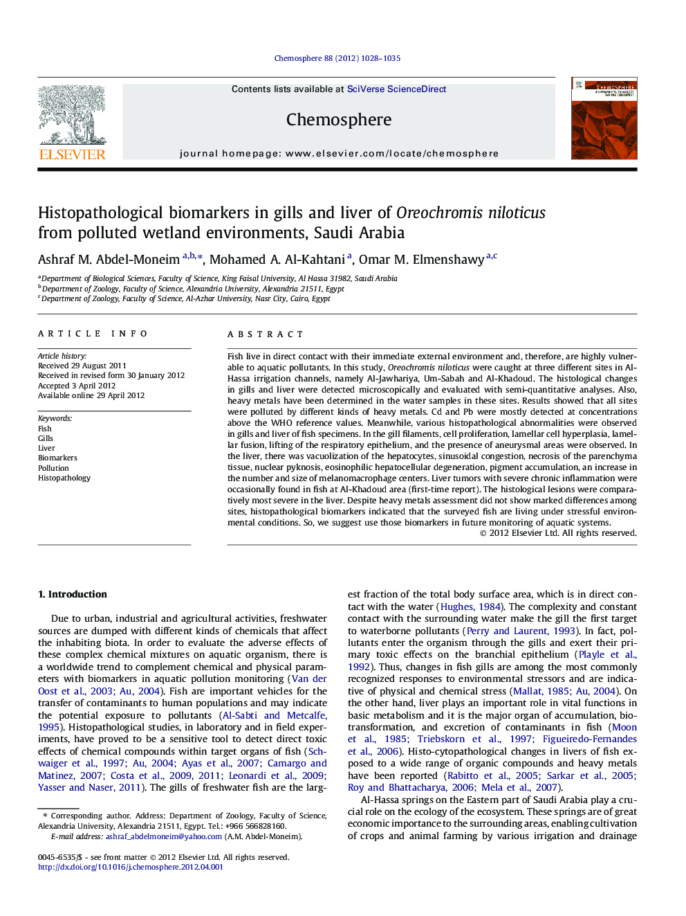 Histopathological biomarkers in gills and liver of Oreochromis niloticus from polluted wetland environments, Saudi Arabia