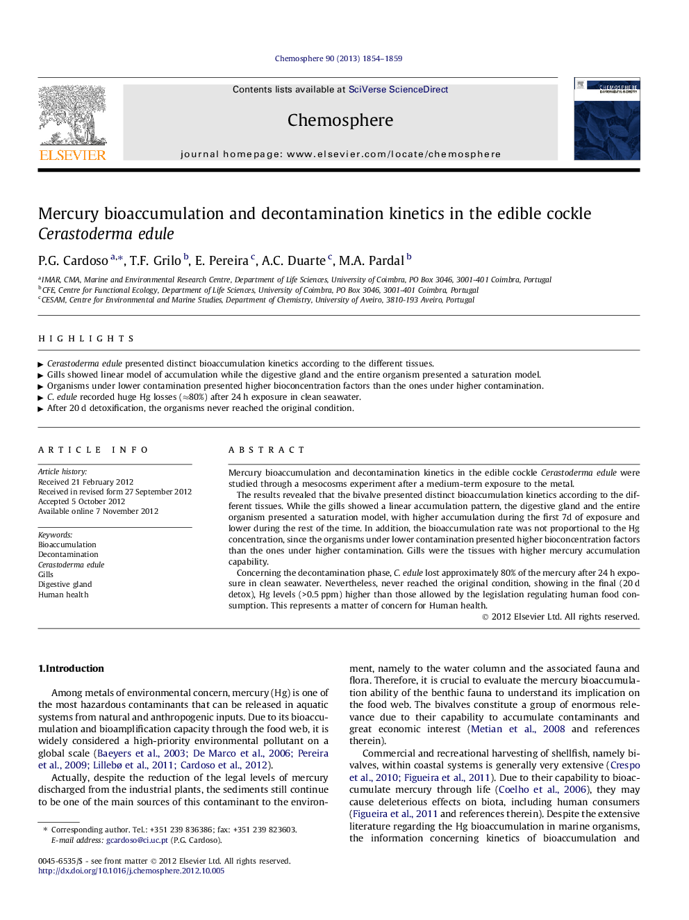 Mercury bioaccumulation and decontamination kinetics in the edible cockle Cerastoderma edule