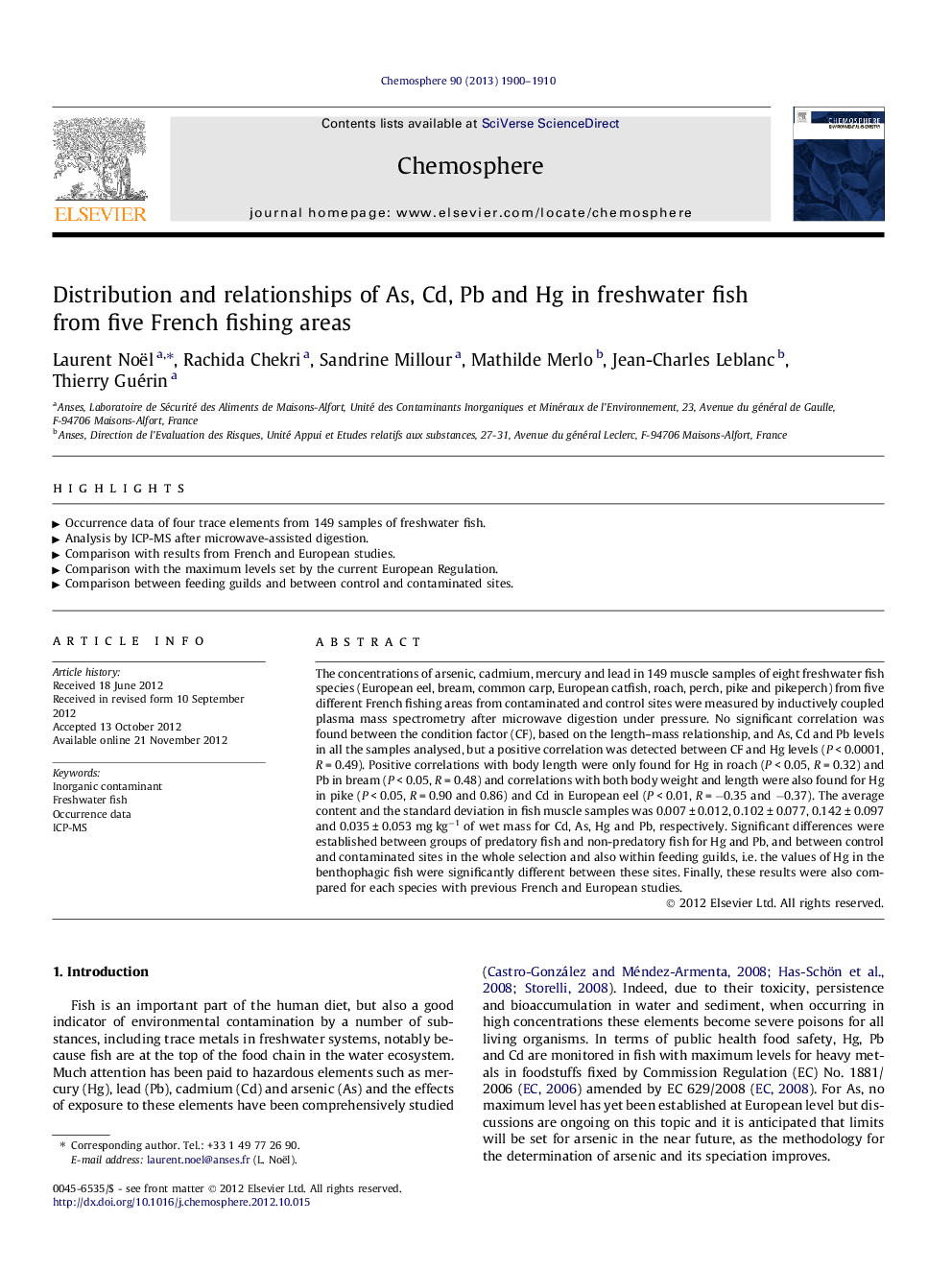 Distribution and relationships of As, Cd, Pb and Hg in freshwater fish from five French fishing areas