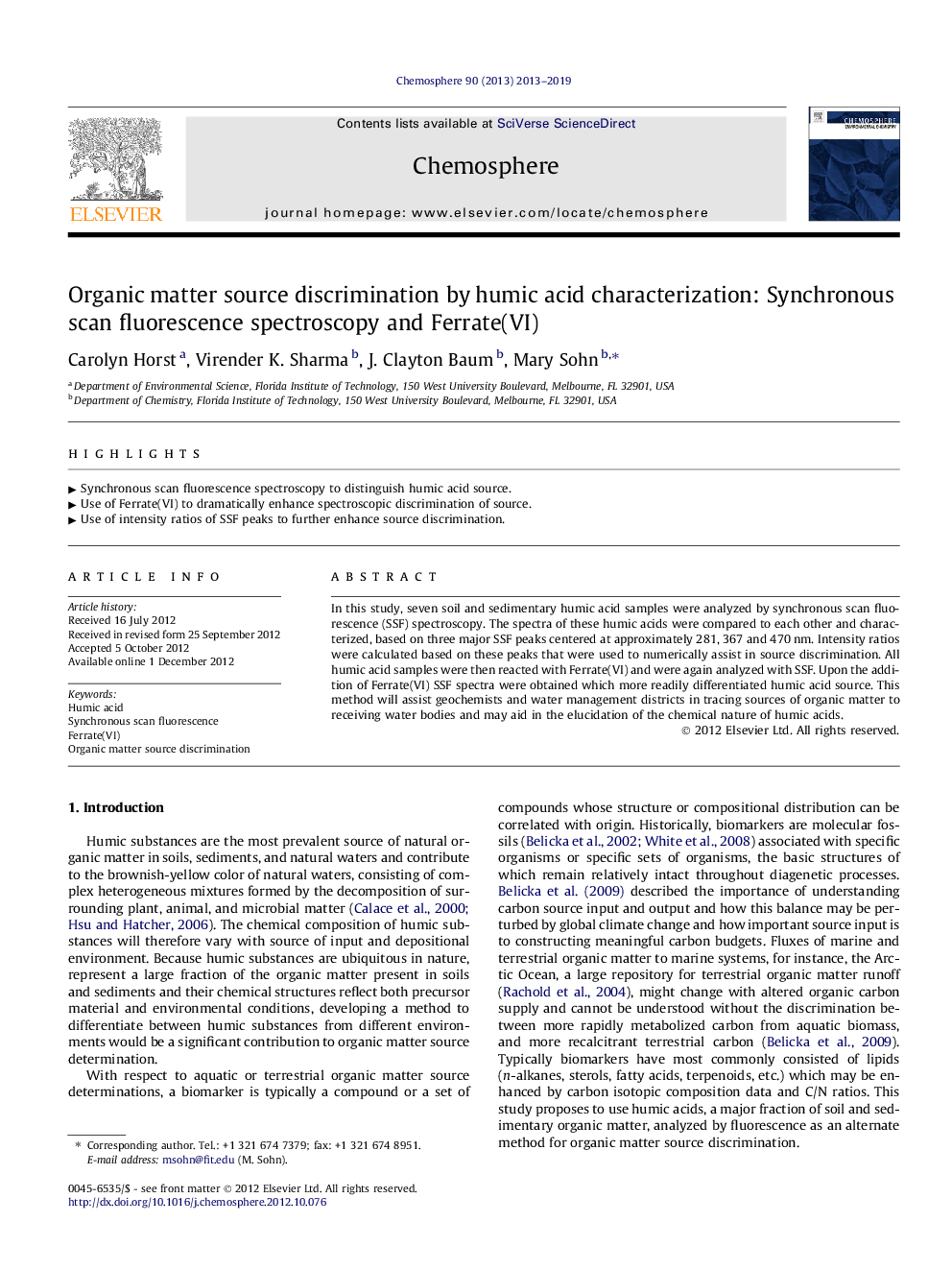 Organic matter source discrimination by humic acid characterization: Synchronous scan fluorescence spectroscopy and Ferrate(VI)