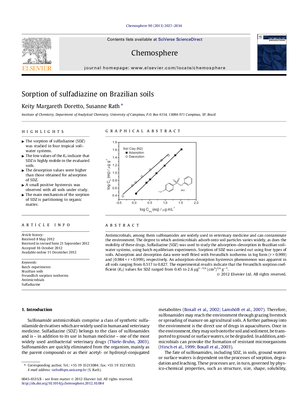 Sorption of sulfadiazine on Brazilian soils