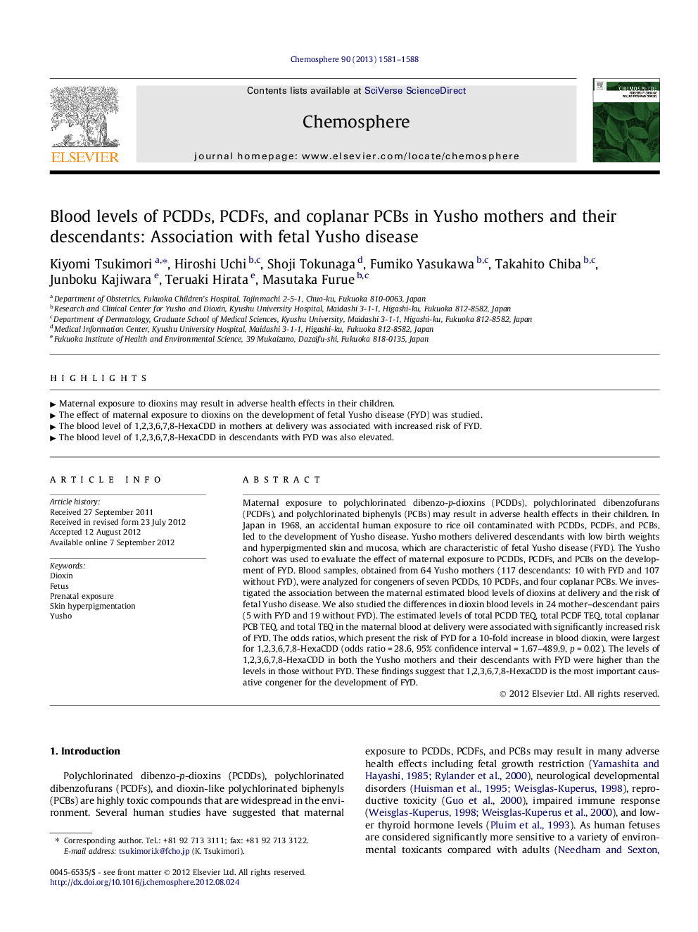 Blood levels of PCDDs, PCDFs, and coplanar PCBs in Yusho mothers and their descendants: Association with fetal Yusho disease