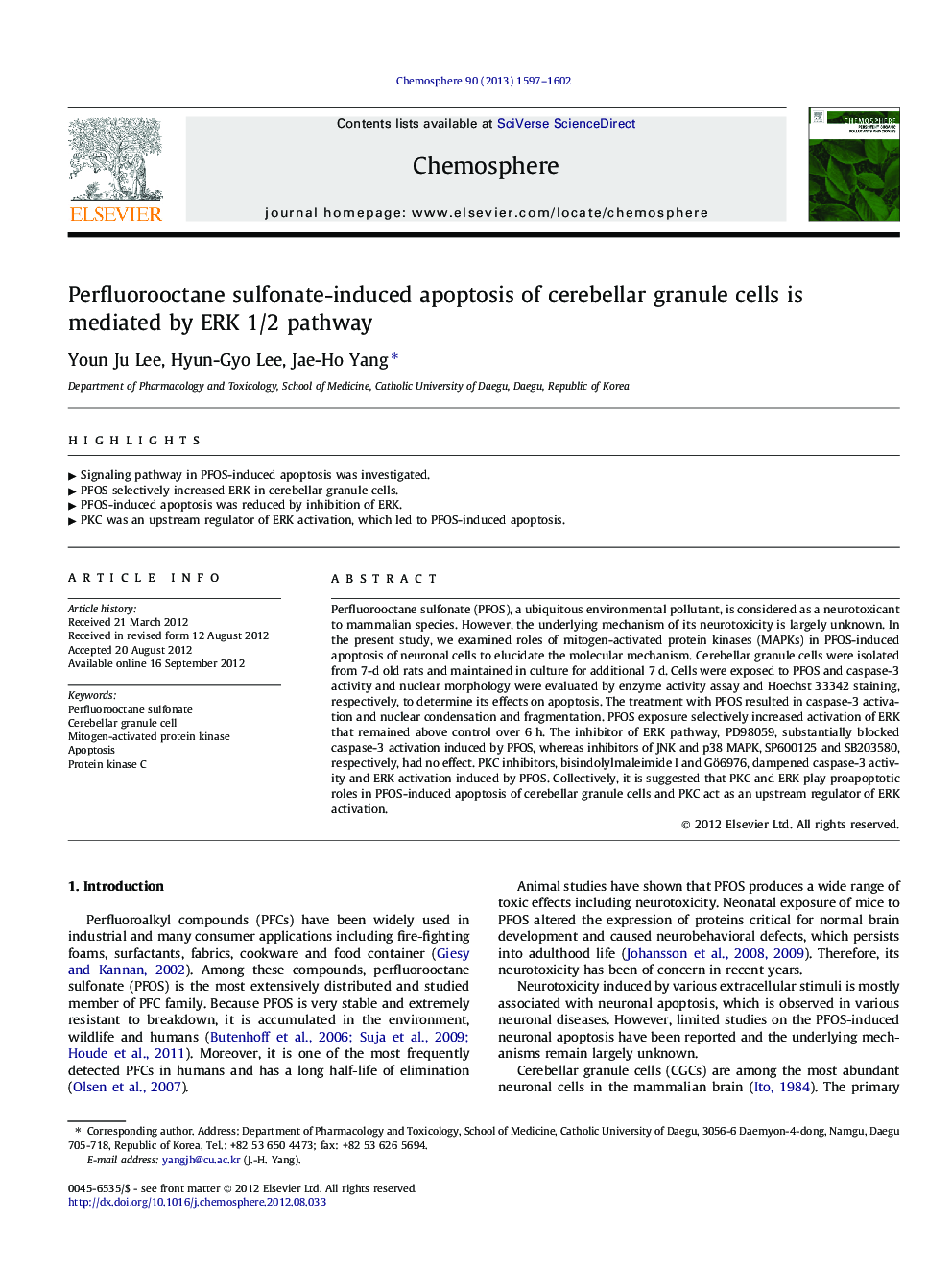 Perfluorooctane sulfonate-induced apoptosis of cerebellar granule cells is mediated by ERK 1/2 pathway