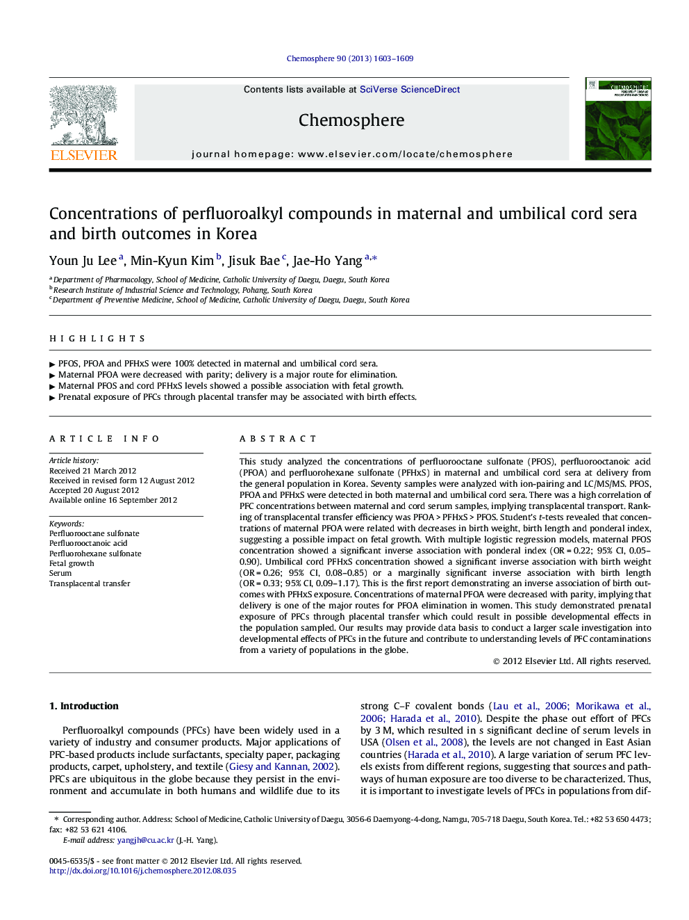 Concentrations of perfluoroalkyl compounds in maternal and umbilical cord sera and birth outcomes in Korea