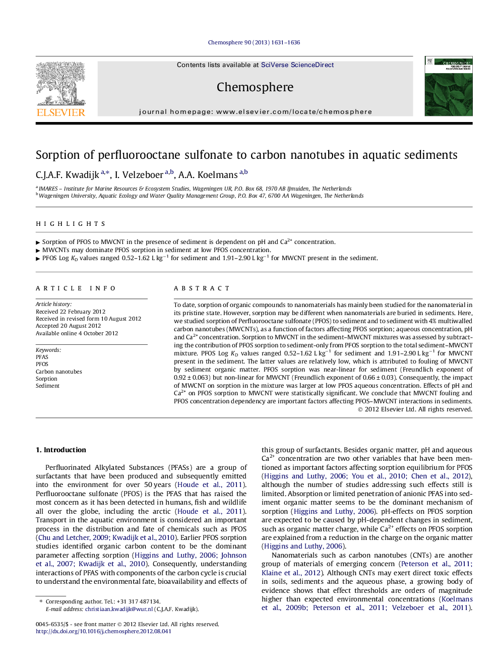 Sorption of perfluorooctane sulfonate to carbon nanotubes in aquatic sediments