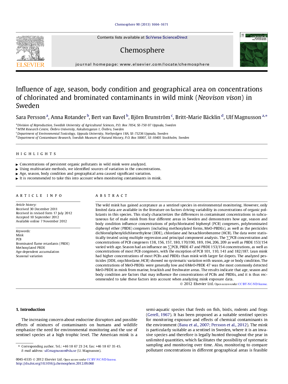 Influence of age, season, body condition and geographical area on concentrations of chlorinated and brominated contaminants in wild mink (Neovison vison) in Sweden