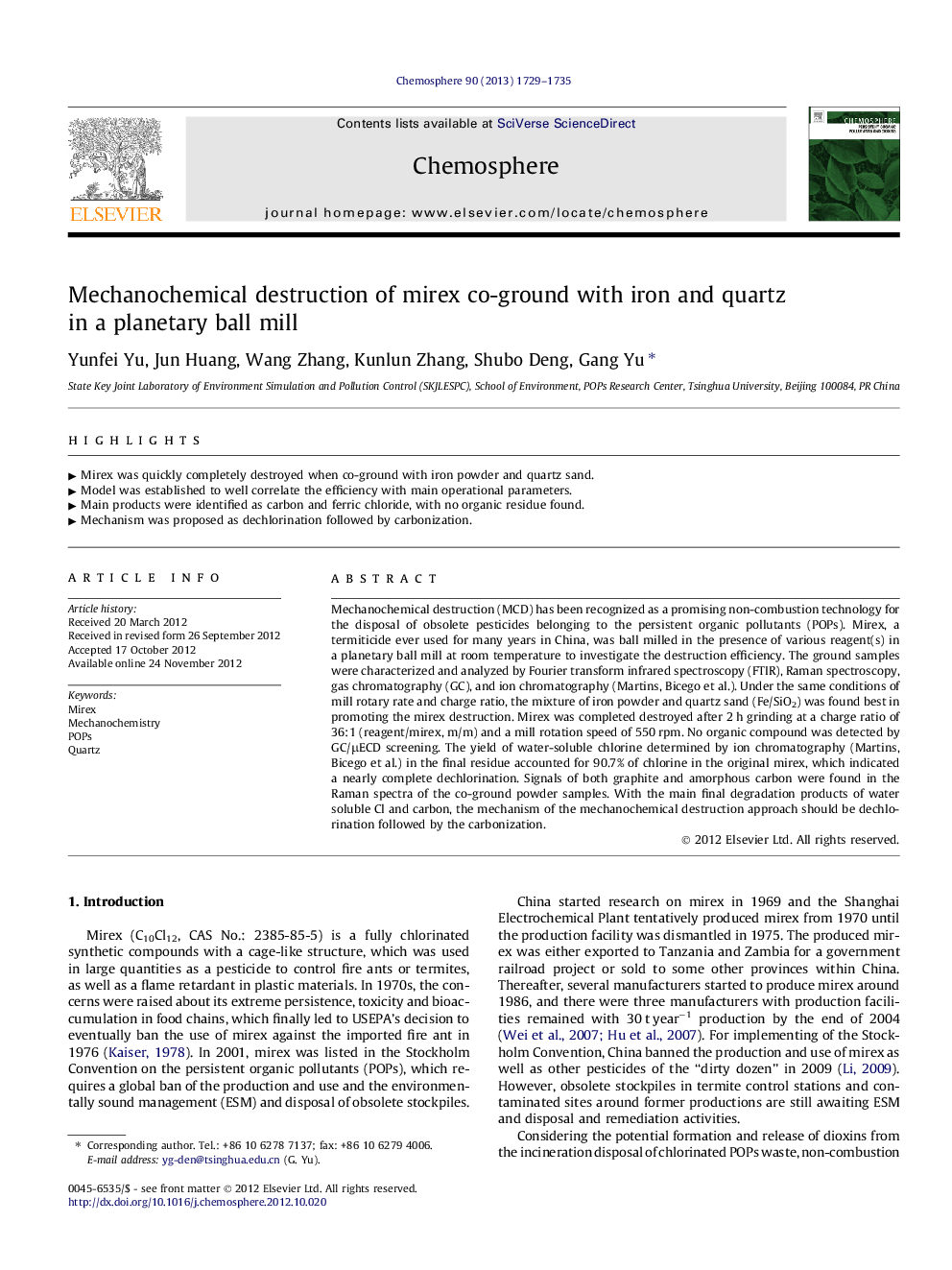 Mechanochemical destruction of mirex co-ground with iron and quartz in a planetary ball mill