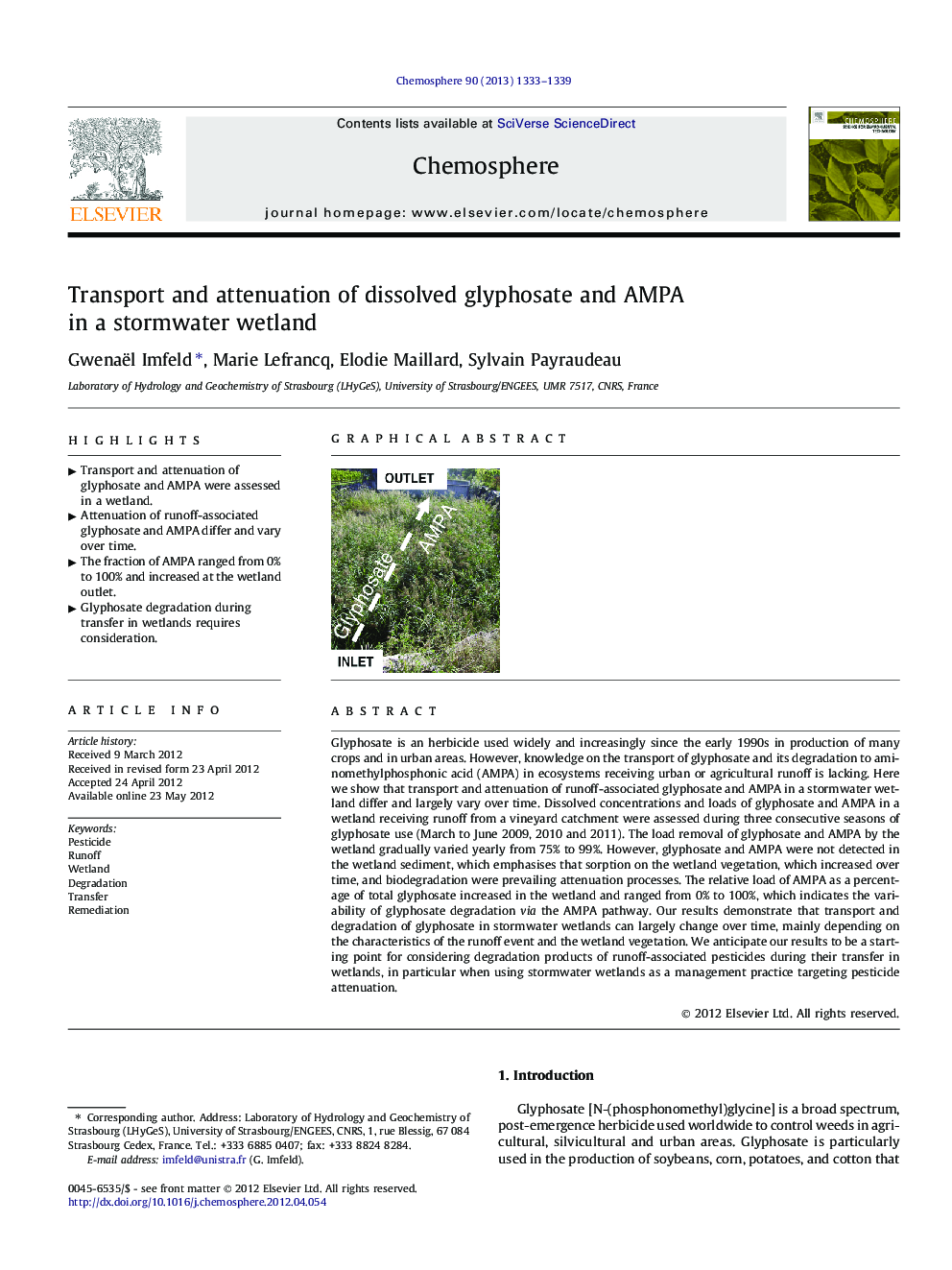 Transport and attenuation of dissolved glyphosate and AMPA in a stormwater wetland