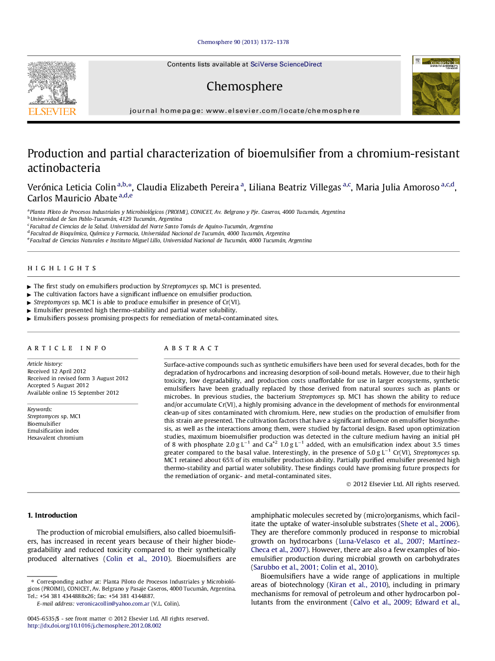 Production and partial characterization of bioemulsifier from a chromium-resistant actinobacteria