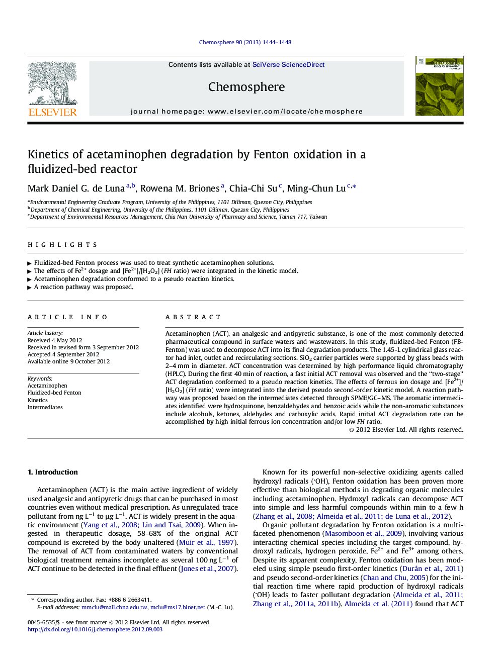 Kinetics of acetaminophen degradation by Fenton oxidation in a fluidized-bed reactor