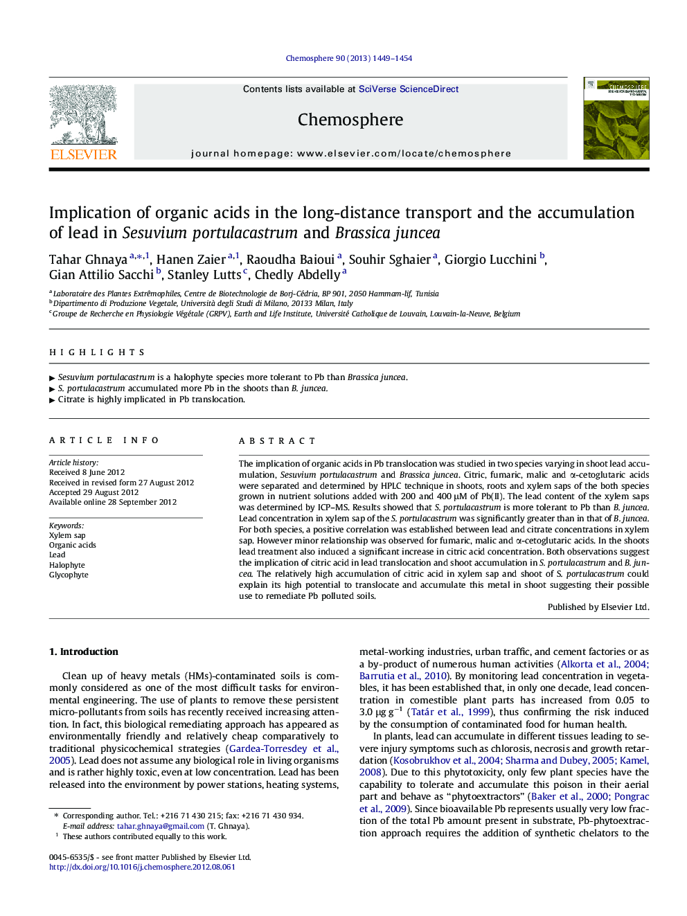 Implication of organic acids in the long-distance transport and the accumulation of lead in Sesuvium portulacastrum and Brassica juncea