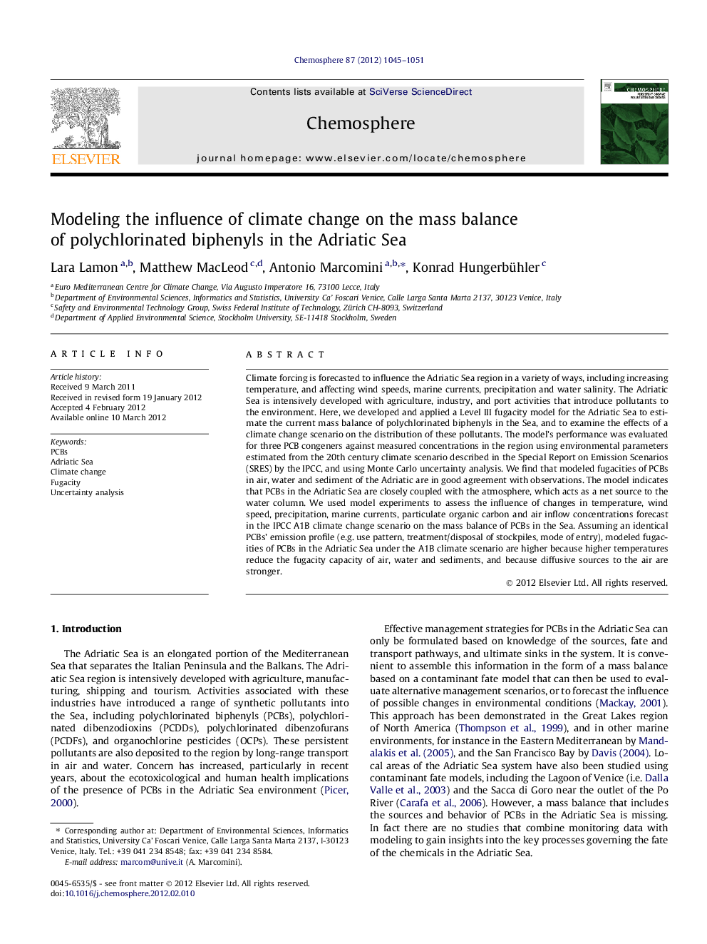 Modeling the influence of climate change on the mass balance of polychlorinated biphenyls in the Adriatic Sea