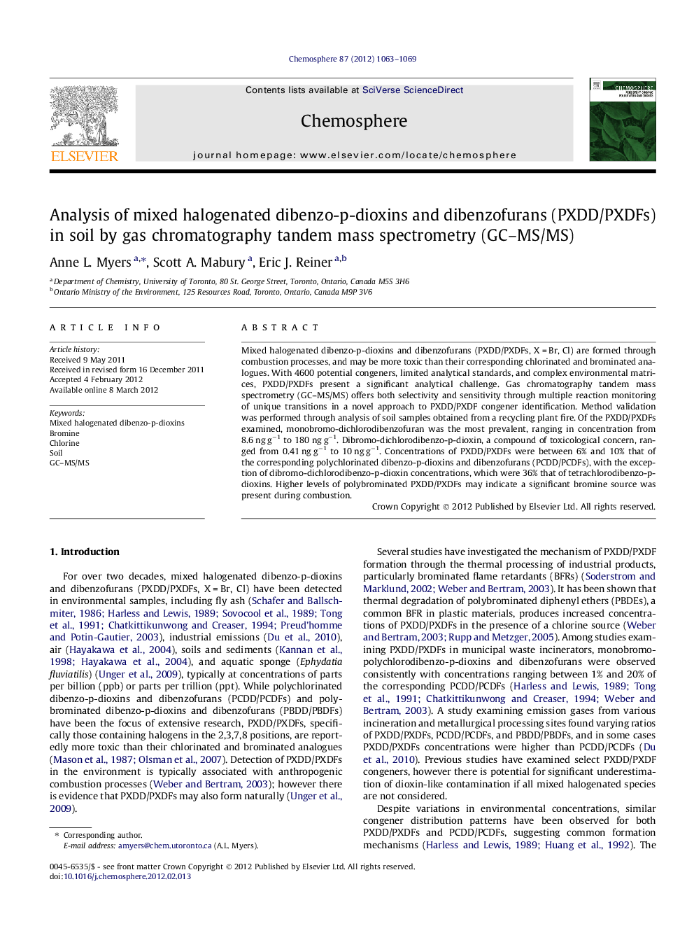عکس صفحه اول مقاله: Analysis of mixed halogenated dibenzo-p-dioxins and dibenzofurans (PXDD/PXDFs) in soil by gas chromatography tandem mass spectrometry (GC-MS/MS) Analysis of mixed halogenated dibenzo-p-dioxins and dibenzofurans (PXDD/PXDFs) in soil by gas chromatography tandem mass spectrometry (GC-MS/MS)