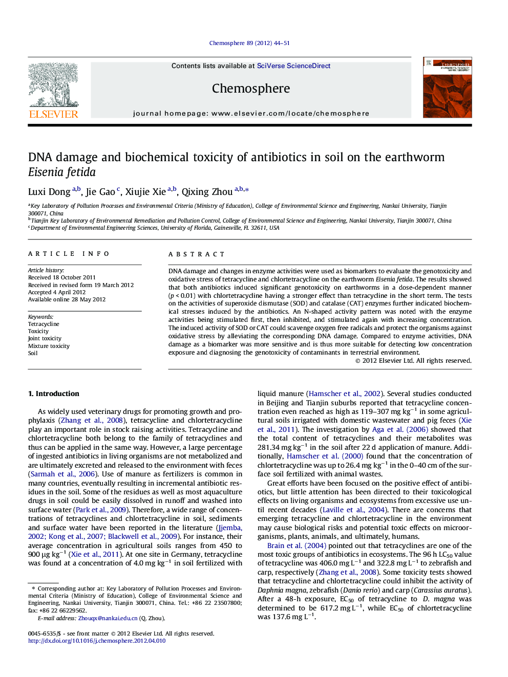 DNA damage and biochemical toxicity of antibiotics in soil on the earthworm Eisenia fetida