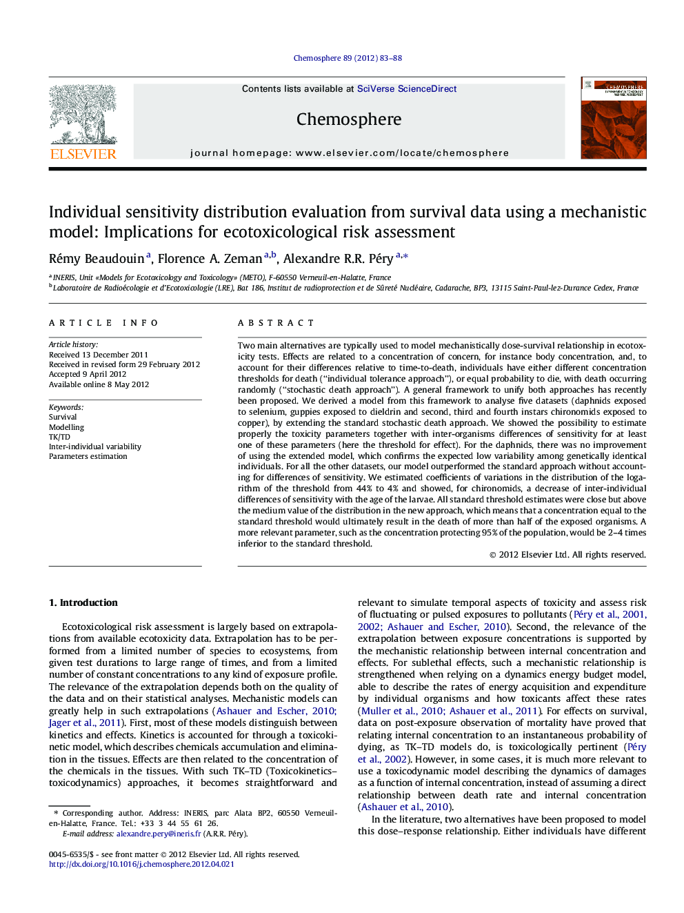 Individual sensitivity distribution evaluation from survival data using a mechanistic model: Implications for ecotoxicological risk assessment