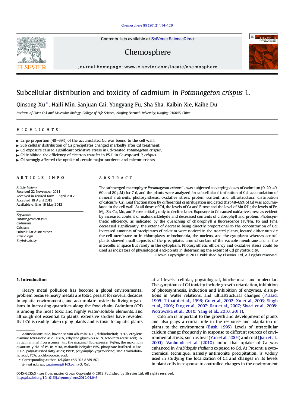 Subcellular distribution and toxicity of cadmium in Potamogeton crispus L.