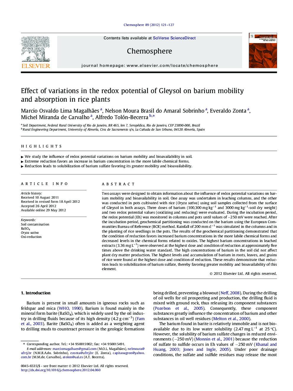 Effect of variations in the redox potential of Gleysol on barium mobility and absorption in rice plants