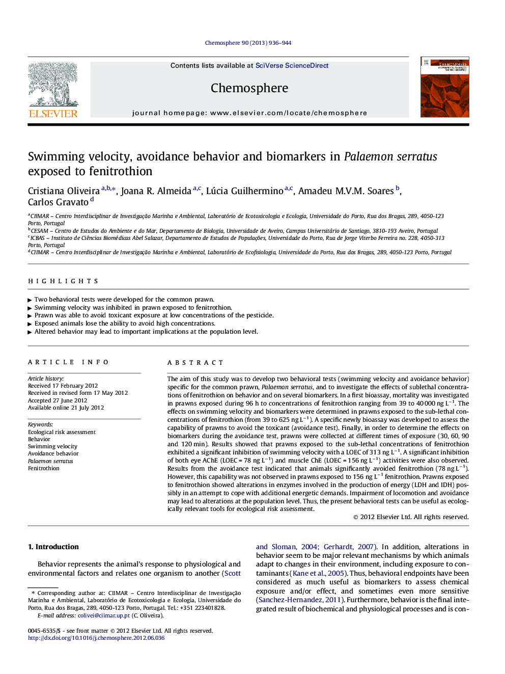 Swimming velocity, avoidance behavior and biomarkers in Palaemon serratus exposed to fenitrothion