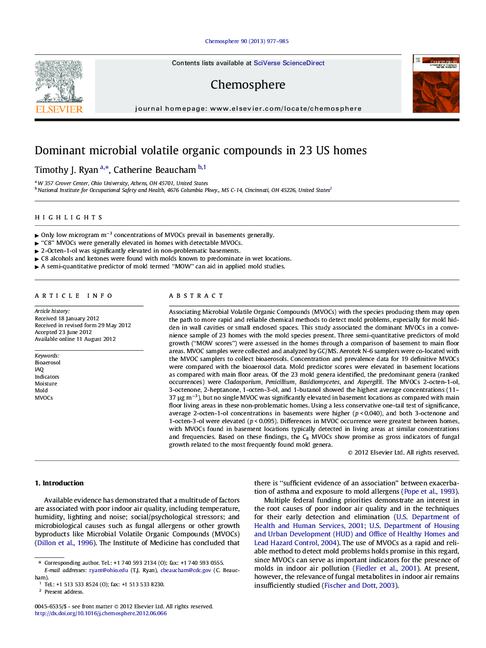 Dominant microbial volatile organic compounds in 23 US homes