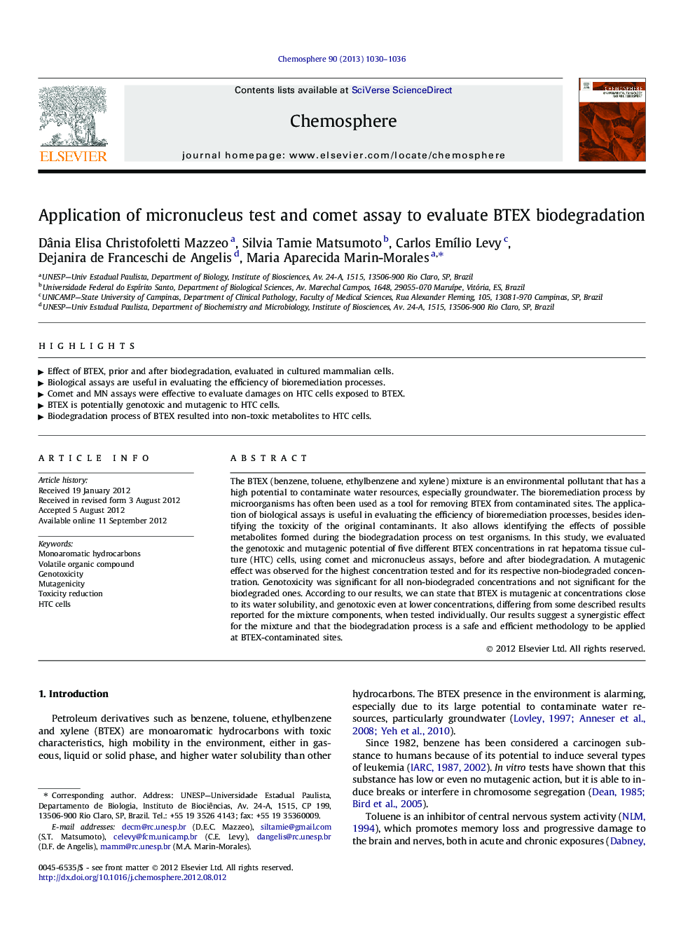 Application of micronucleus test and comet assay to evaluate BTEX biodegradation