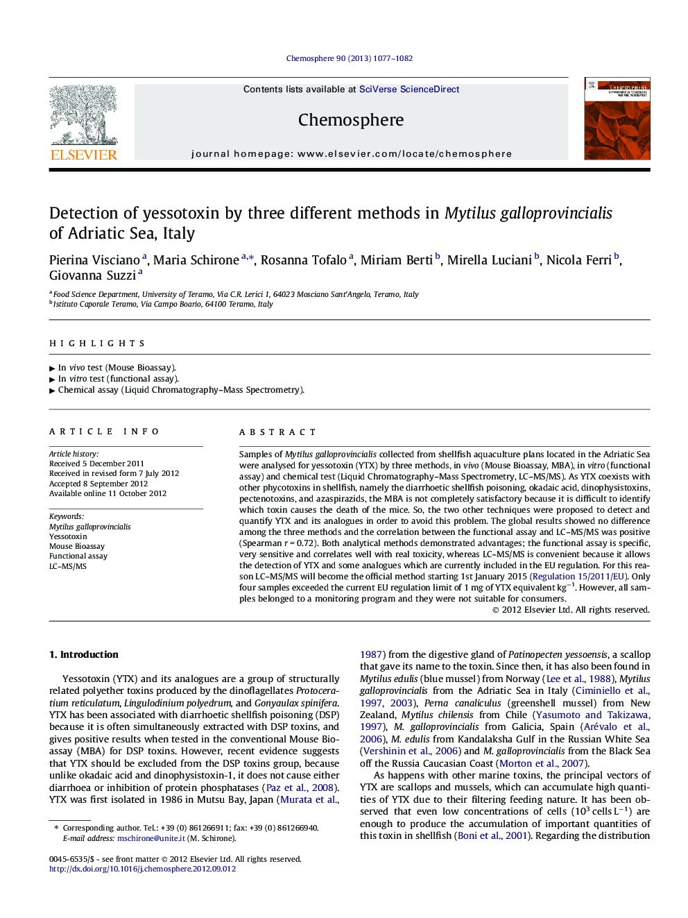 Detection of yessotoxin by three different methods in Mytilus galloprovincialis of Adriatic Sea, Italy