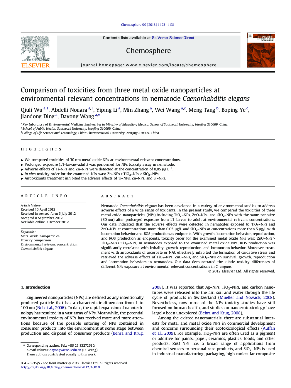 Comparison of toxicities from three metal oxide nanoparticles at environmental relevant concentrations in nematode Caenorhabditis elegans