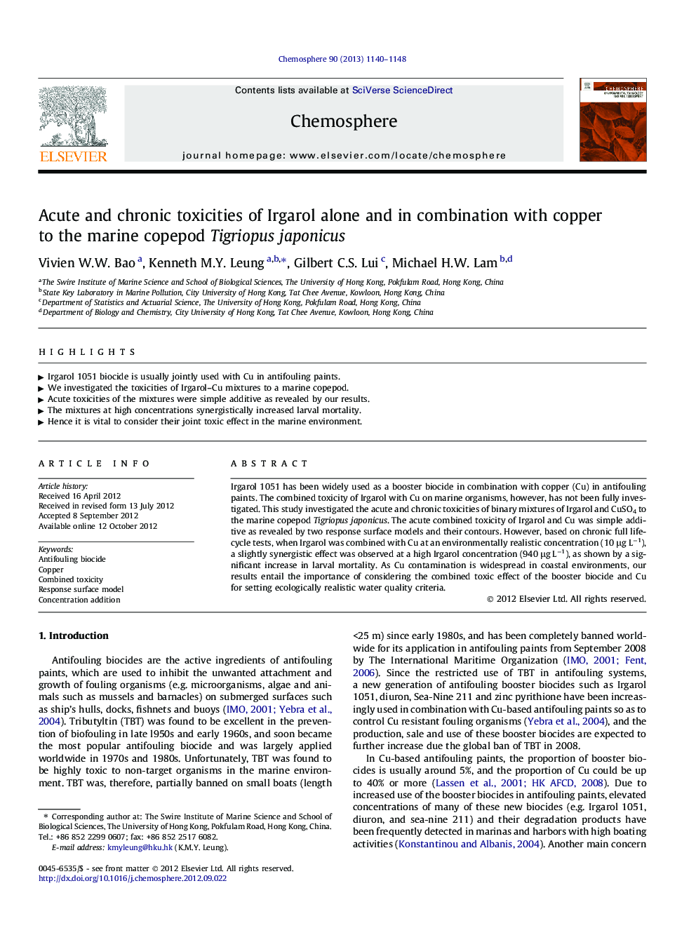 Acute and chronic toxicities of Irgarol alone and in combination with copper to the marine copepod Tigriopus japonicus