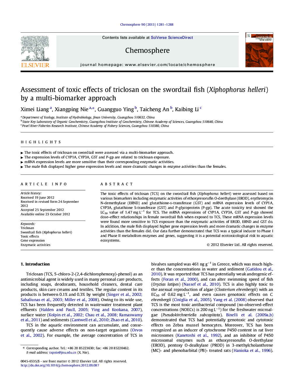 Assessment of toxic effects of triclosan on the swordtail fish (Xiphophorus helleri) by a multi-biomarker approach