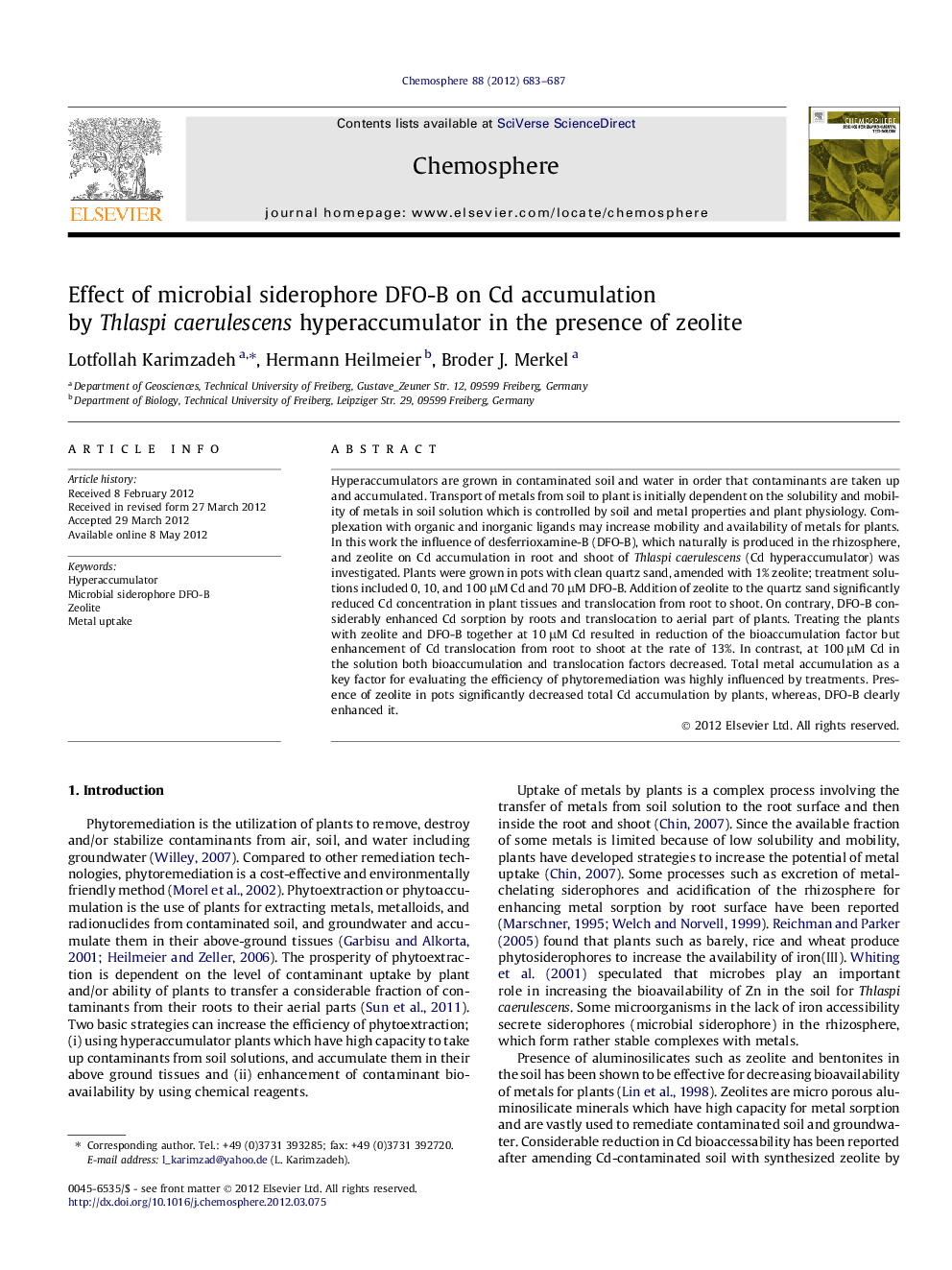 Effect of microbial siderophore DFO-B on Cd accumulation by Thlaspi caerulescens hyperaccumulator in the presence of zeolite