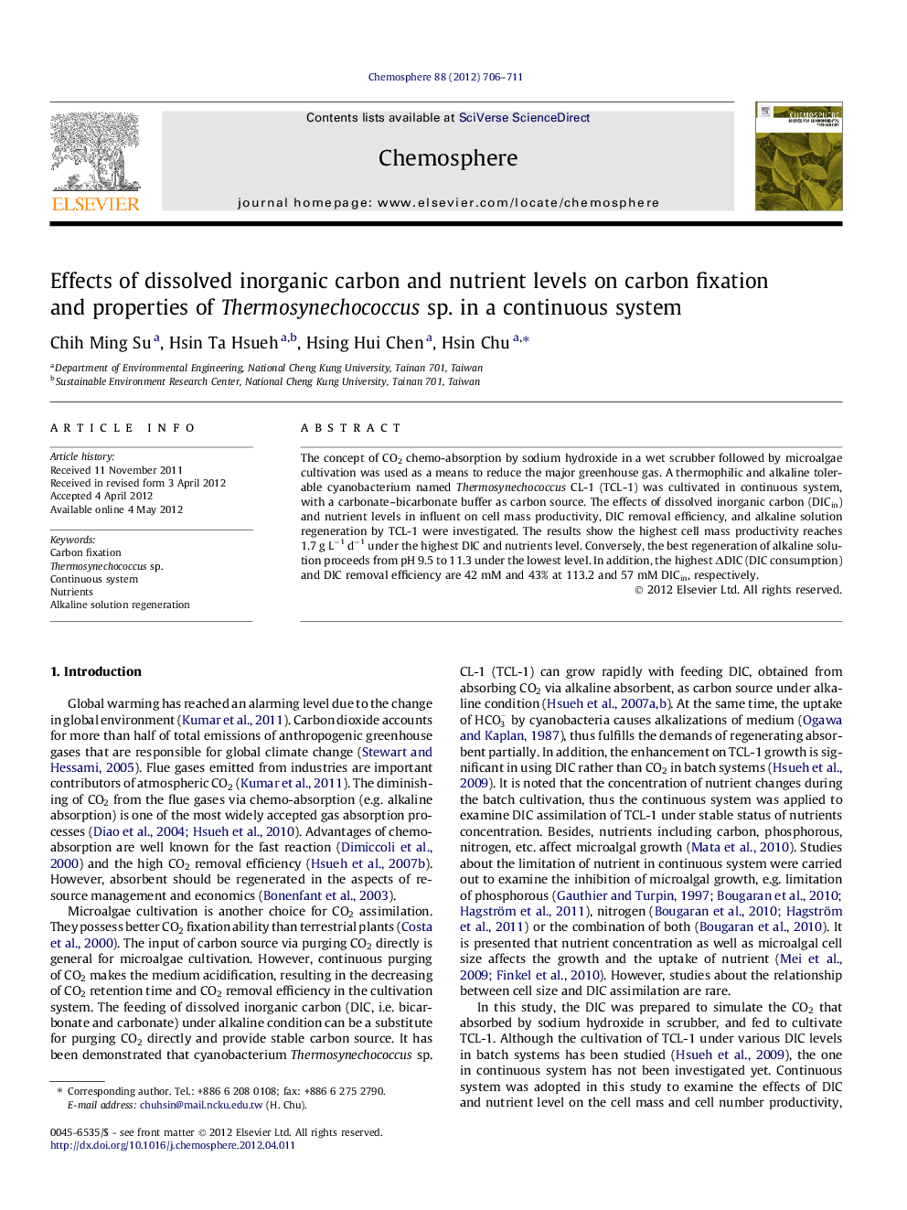 Effects of dissolved inorganic carbon and nutrient levels on carbon fixation and properties of Thermosynechococcus sp. in a continuous system