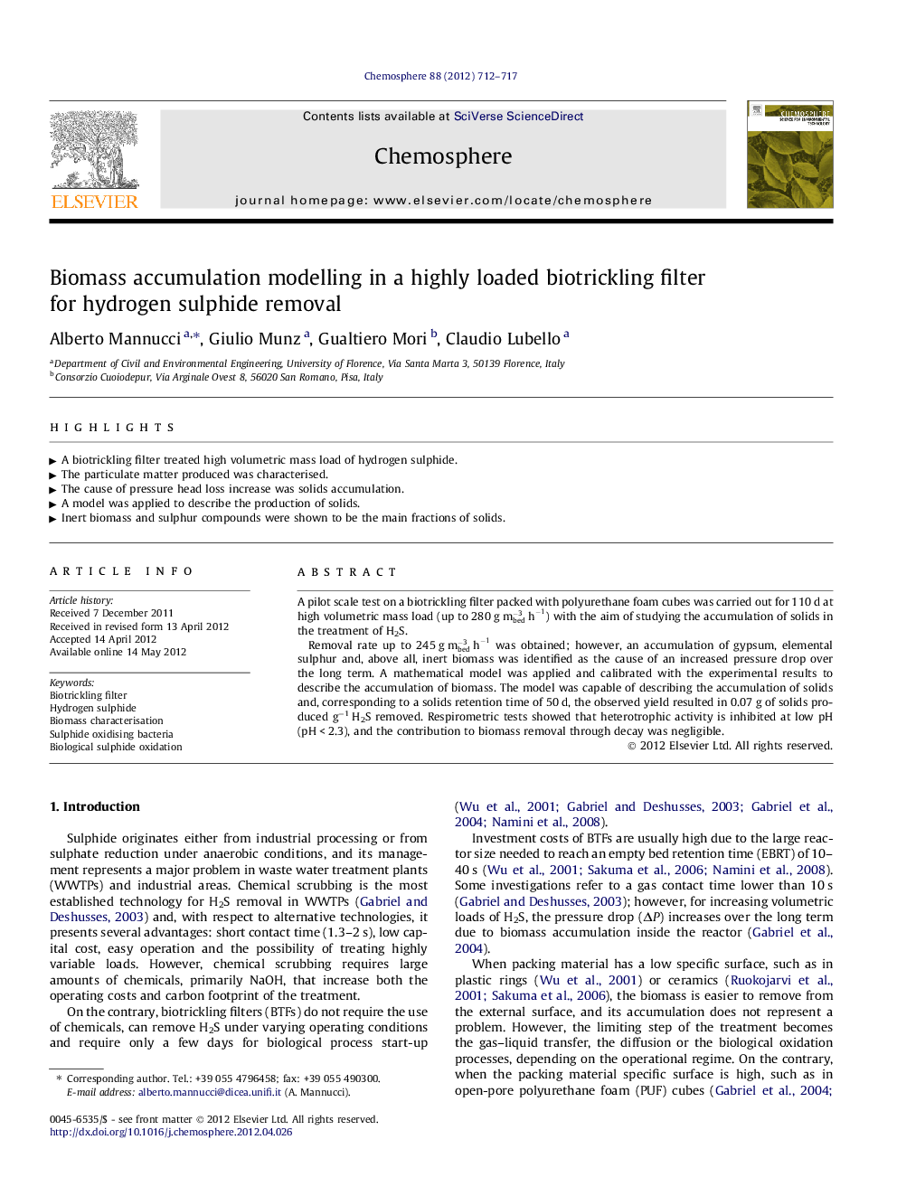 Biomass accumulation modelling in a highly loaded biotrickling filter for hydrogen sulphide removal