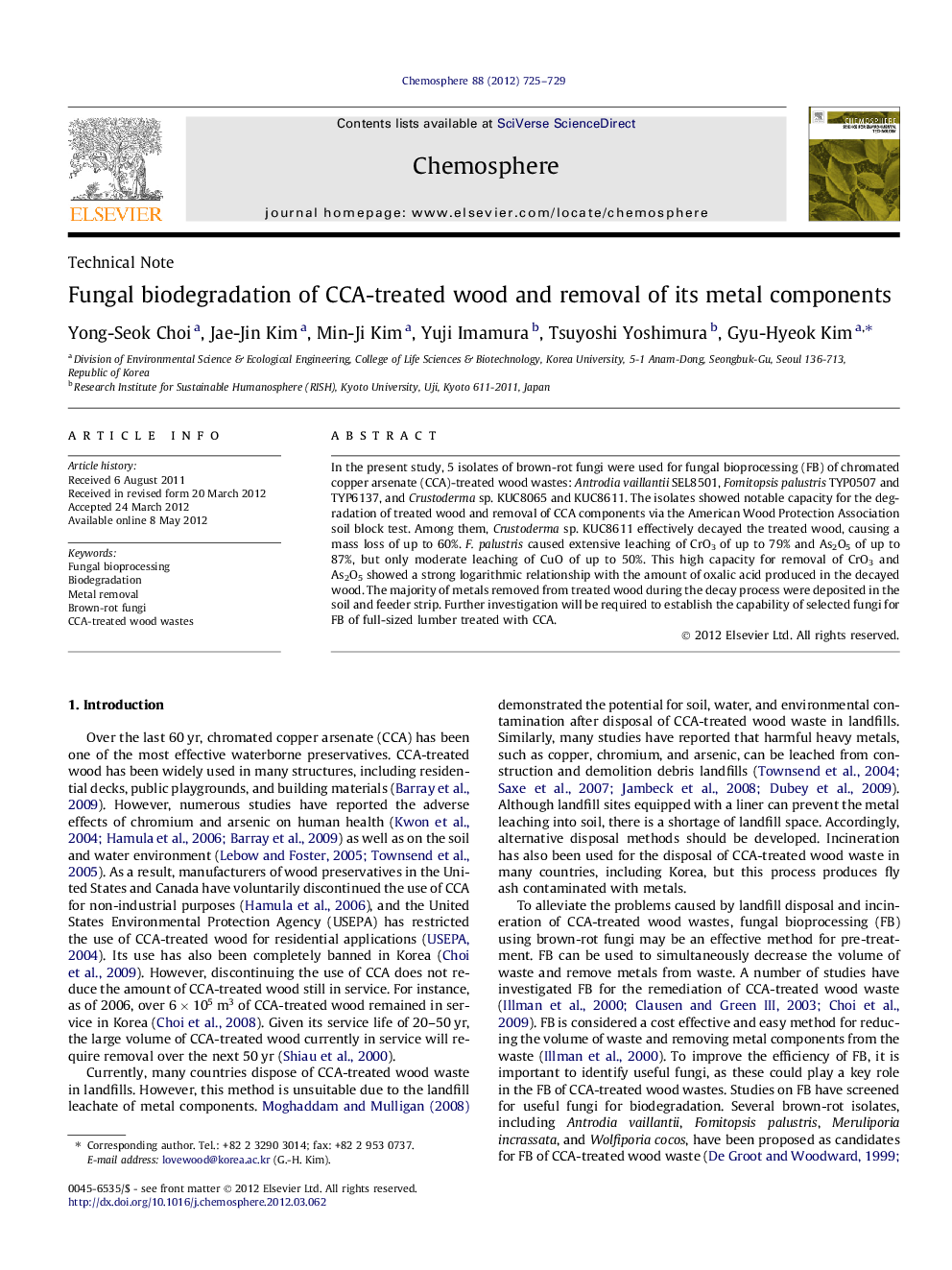عکس صفحه اول مقاله: Technical NoteFungal biodegradation of CCA-treated wood and removal of its metal components Technical NoteFungal biodegradation of CCA-treated wood and removal of its metal components