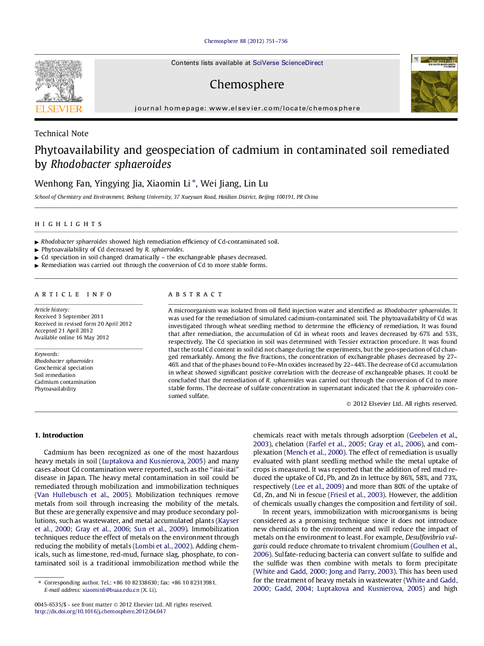 Phytoavailability and geospeciation of cadmium in contaminated soil remediated by Rhodobacter sphaeroides