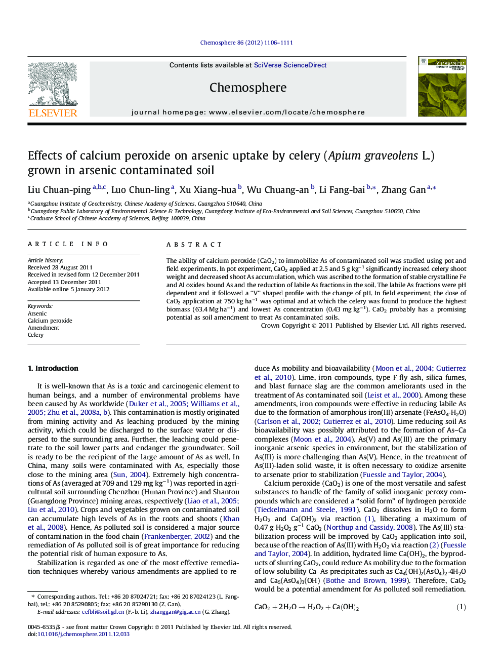 عکس صفحه اول مقاله: Effects of calcium peroxide on arsenic uptake by celery (Apium graveolens L.) grown in arsenic contaminated soil Effects of calcium peroxide on arsenic uptake by celery (Apium graveolens L.) grown in arsenic contaminated soil