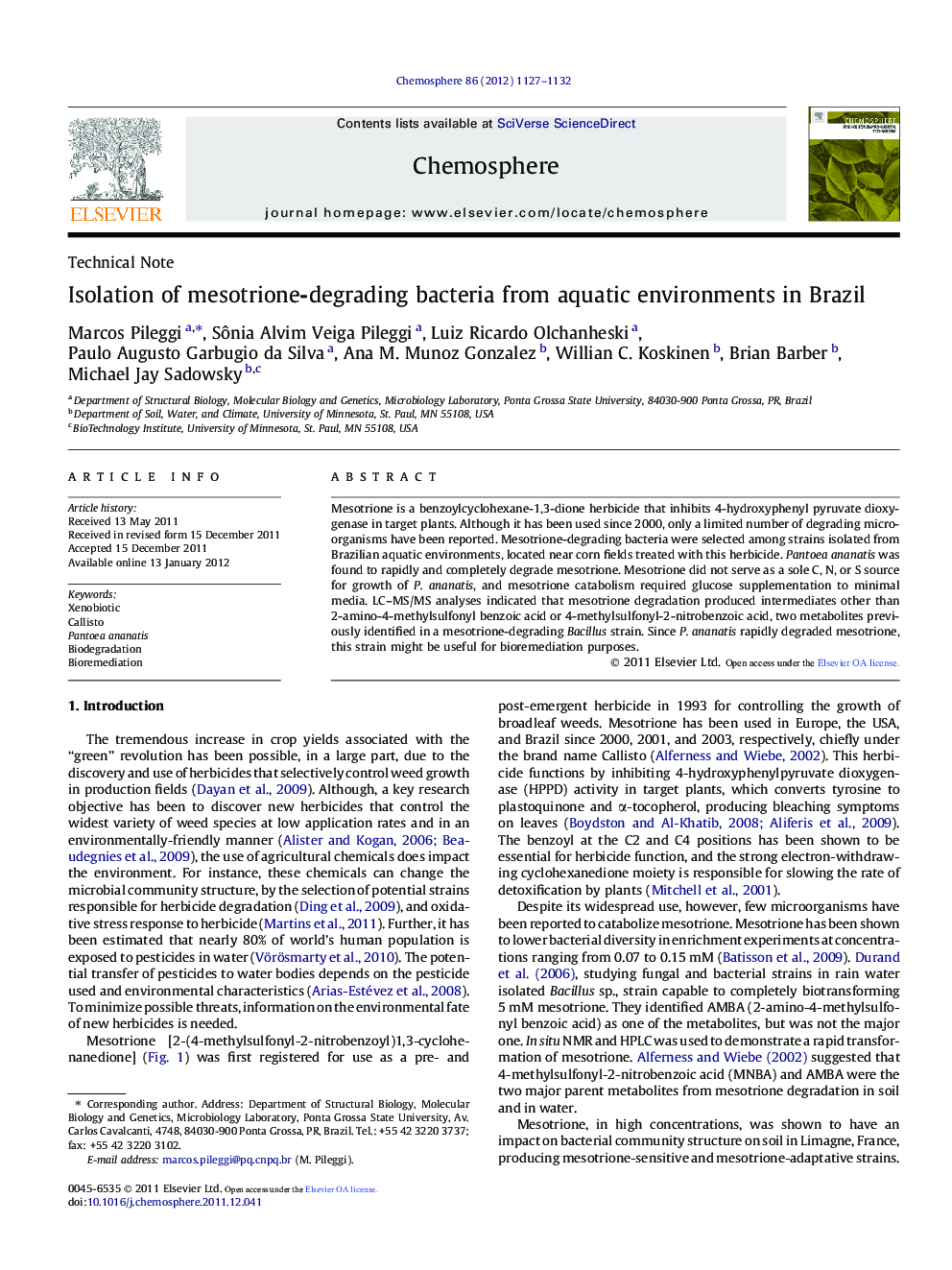 Technical NoteIsolation of mesotrione-degrading bacteria from aquatic environments in Brazil