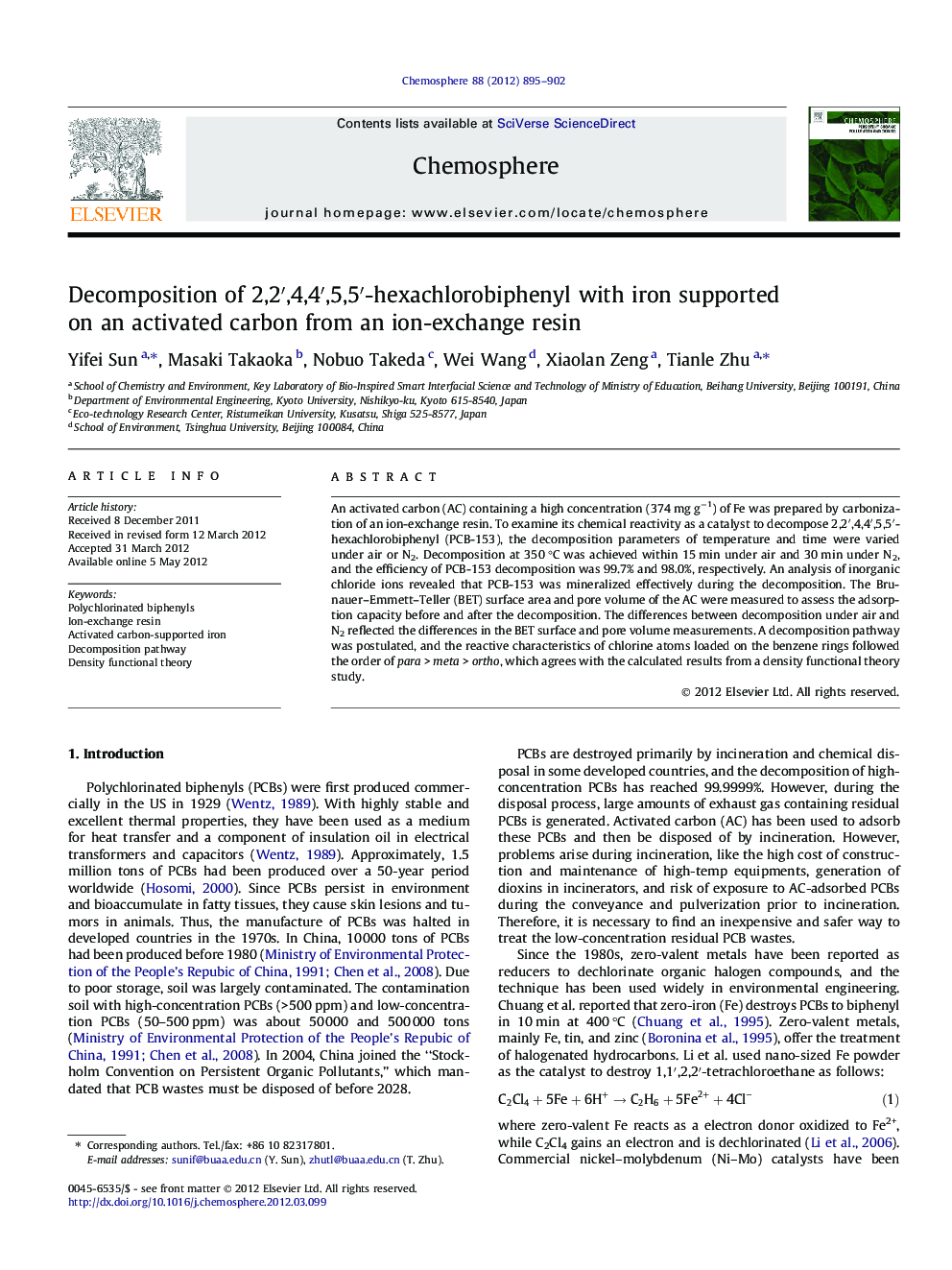 Decomposition of 2,2â²,4,4â²,5,5â²-hexachlorobiphenyl with iron supported on an activated carbon from an ion-exchange resin