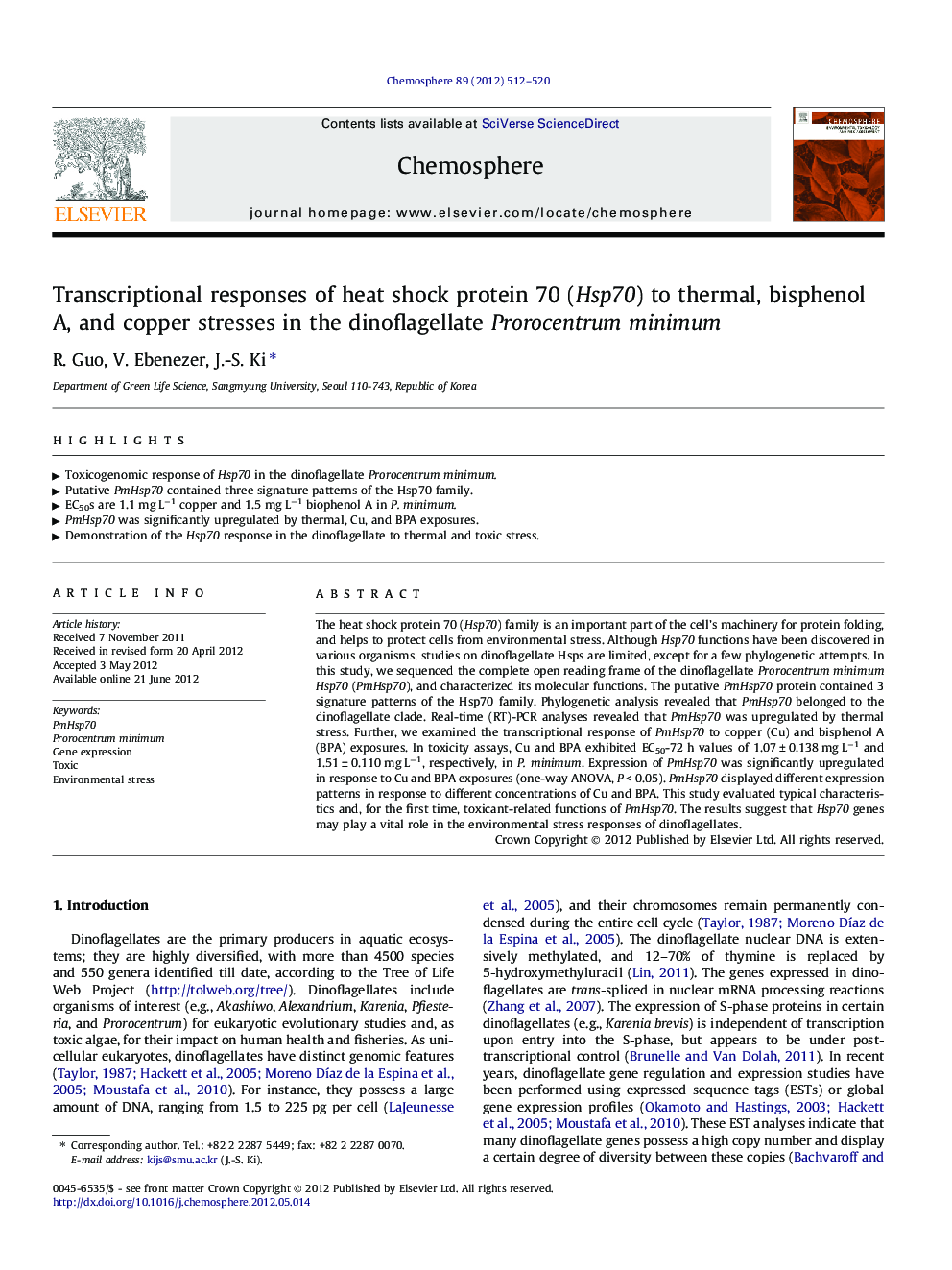 عکس صفحه اول مقاله: Transcriptional responses of heat shock protein 70 (Hsp70) to thermal, bisphenol A, and copper stresses in the dinoflagellate Prorocentrum minimum Transcriptional responses of heat shock protein 70 (Hsp70) to thermal, bisphenol A, and copper stresses in the dinoflagellate Prorocentrum minimum