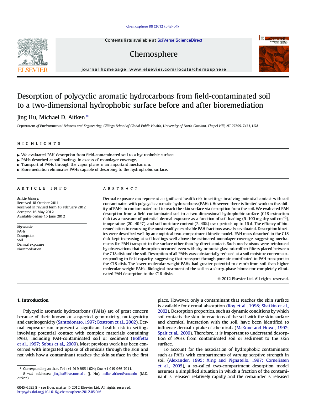 Desorption of polycyclic aromatic hydrocarbons from field-contaminated soil to a two-dimensional hydrophobic surface before and after bioremediation