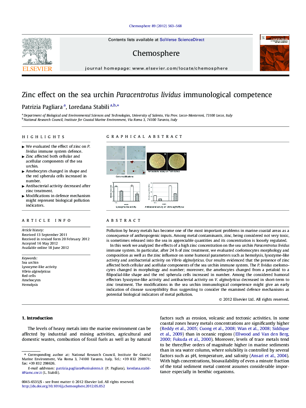 Zinc effect on the sea urchin Paracentrotus lividus immunological competence