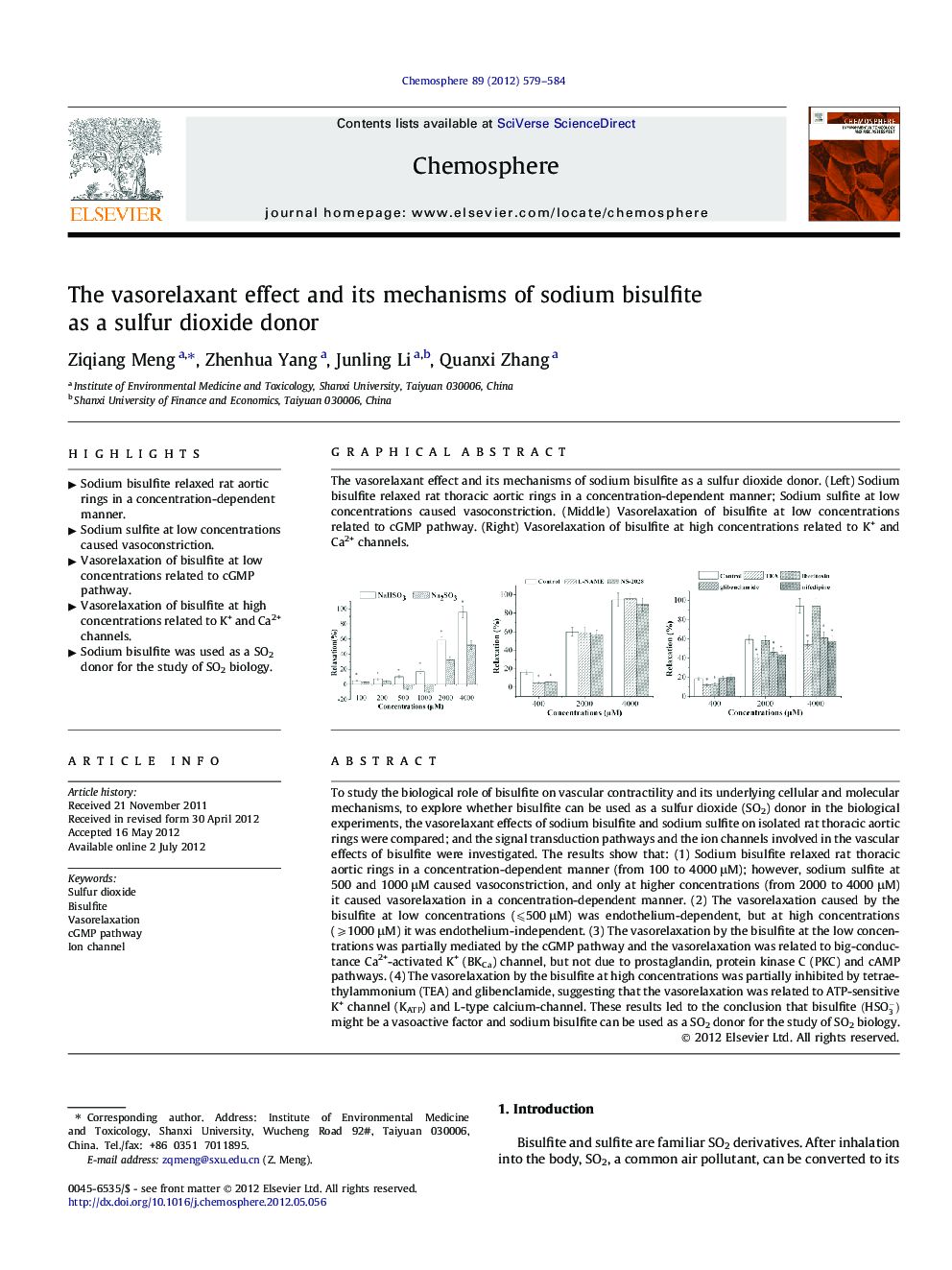 عکس صفحه اول مقاله: The vasorelaxant effect and its mechanisms of sodium bisulfite as a sulfur dioxide donor The vasorelaxant effect and its mechanisms of sodium bisulfite as a sulfur dioxide donor