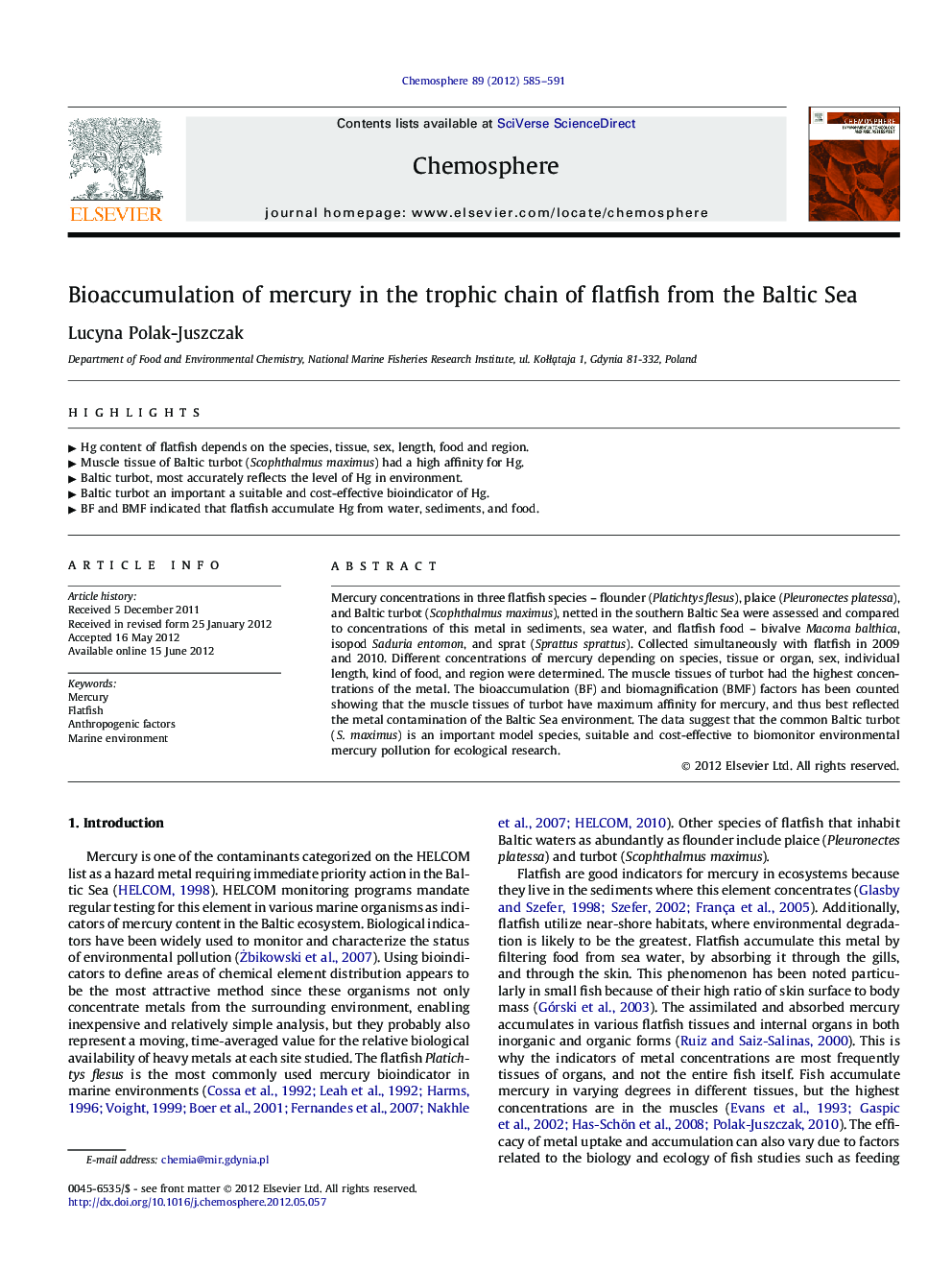 Bioaccumulation of mercury in the trophic chain of flatfish from the Baltic Sea