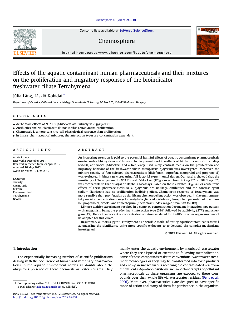 Effects of the aquatic contaminant human pharmaceuticals and their mixtures on the proliferation and migratory responses of the bioindicator freshwater ciliate Tetrahymena