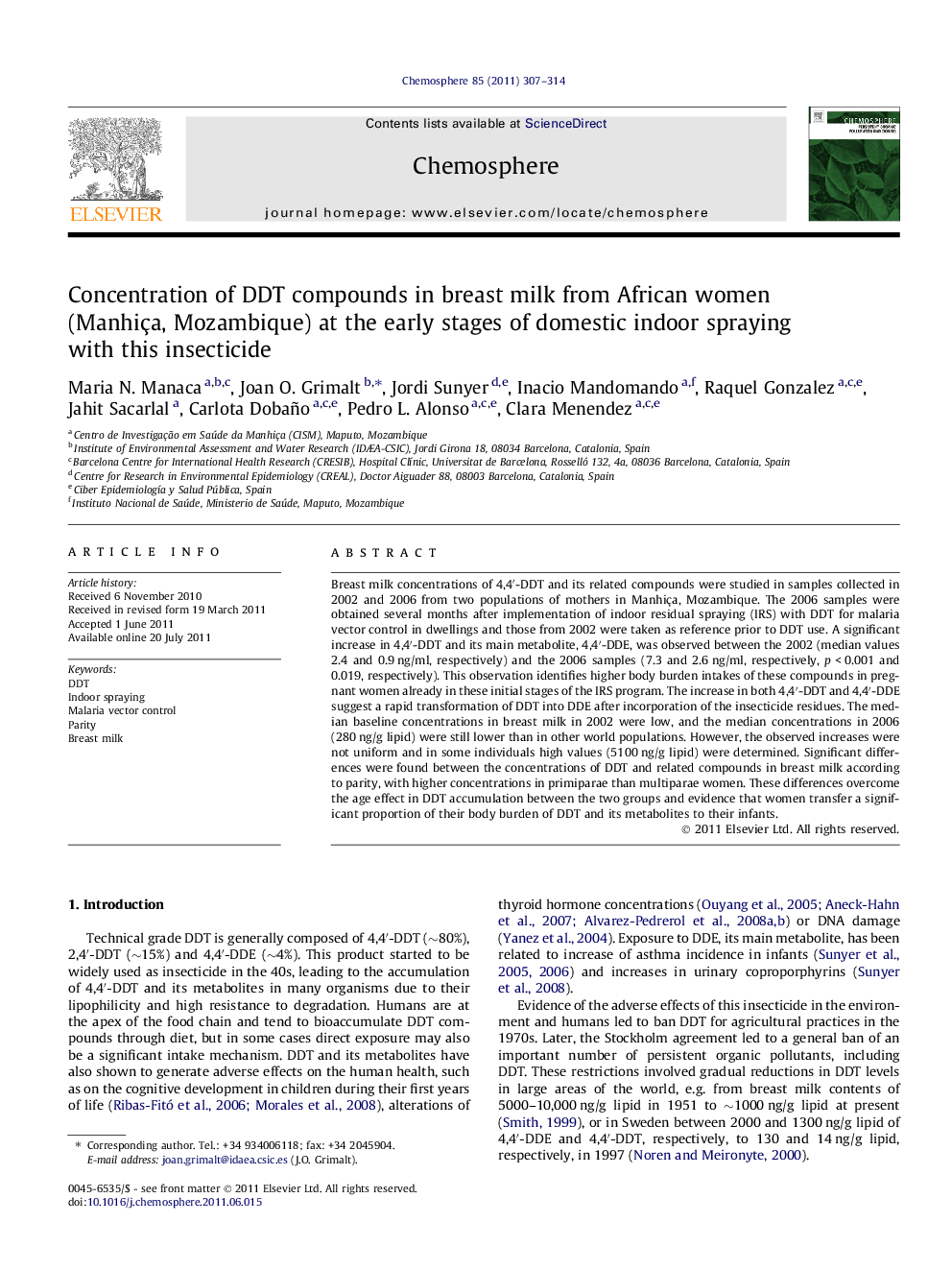 Concentration of DDT compounds in breast milk from African women (Manhiça, Mozambique) at the early stages of domestic indoor spraying with this insecticide