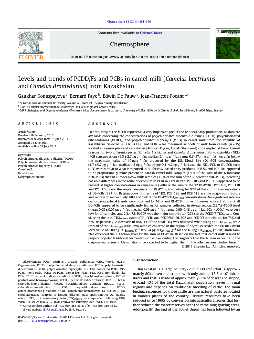 عکس صفحه اول مقاله: Levels and trends of PCDD/Fs and PCBs in camel milk (Camelus bactrianus and Camelus dromedarius) from Kazakhstan Levels and trends of PCDD/Fs and PCBs in camel milk (Camelus bactrianus and Camelus dromedarius) from Kazakhstan