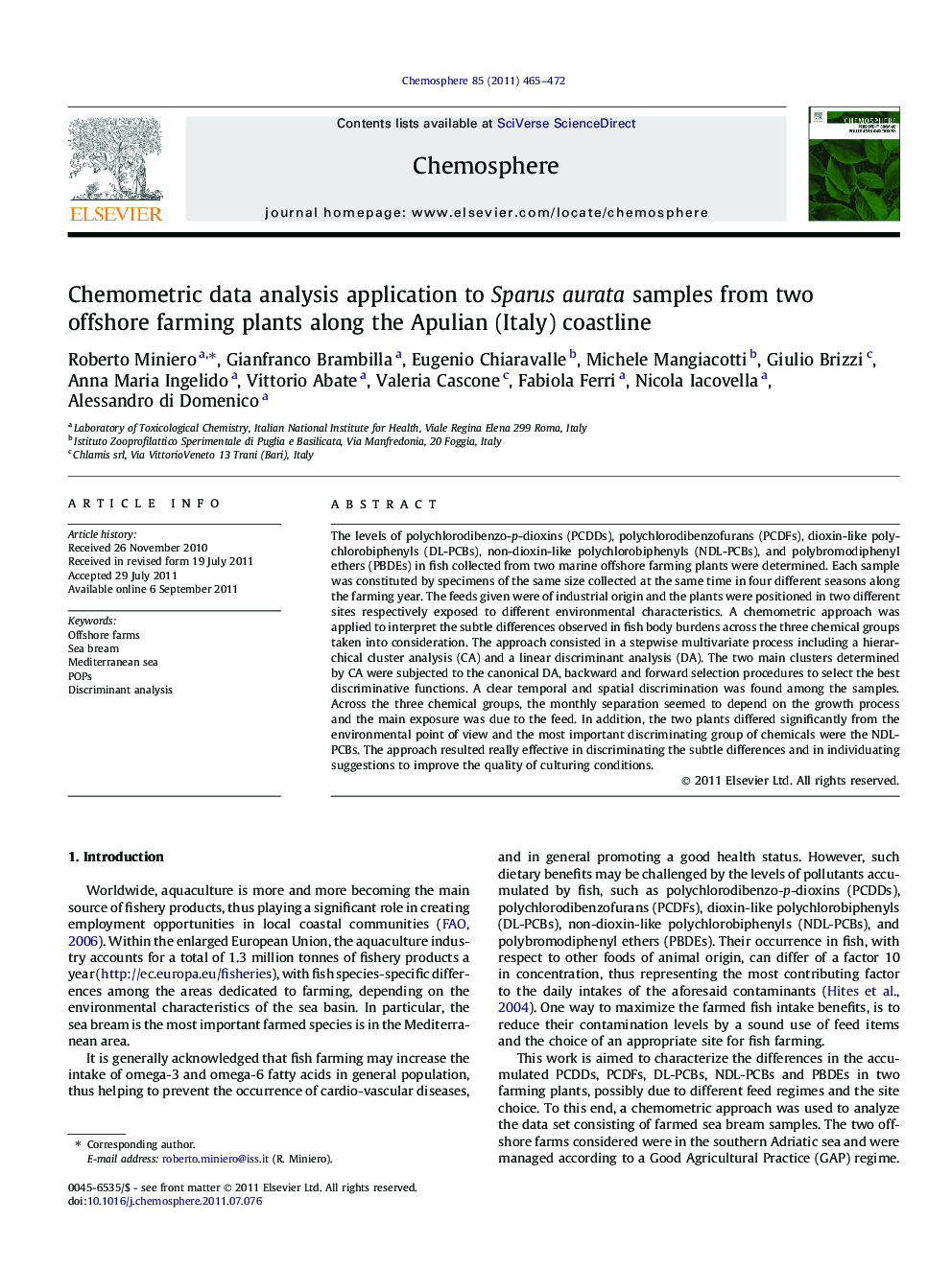 Chemometric data analysis application to Sparus aurata samples from two offshore farming plants along the Apulian (Italy) coastline