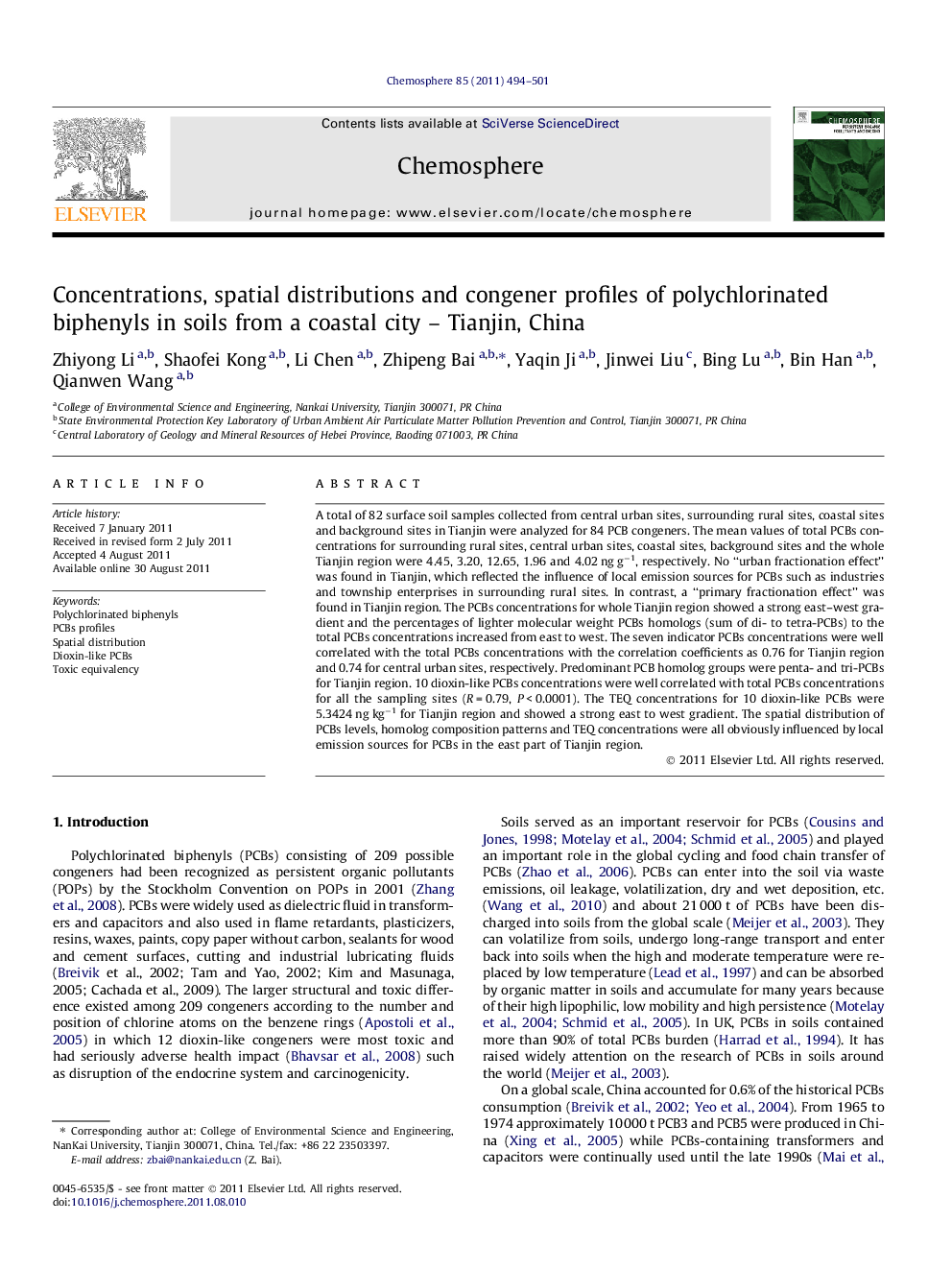 Concentrations, spatial distributions and congener profiles of polychlorinated biphenyls in soils from a coastal city - Tianjin, China