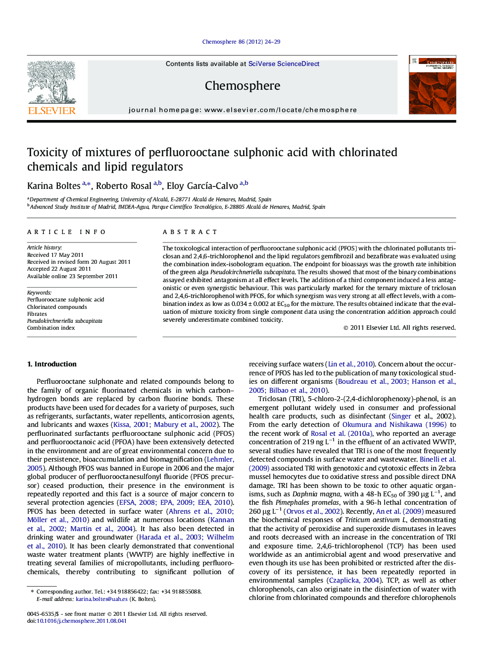 Toxicity of mixtures of perfluorooctane sulphonic acid with chlorinated chemicals and lipid regulators