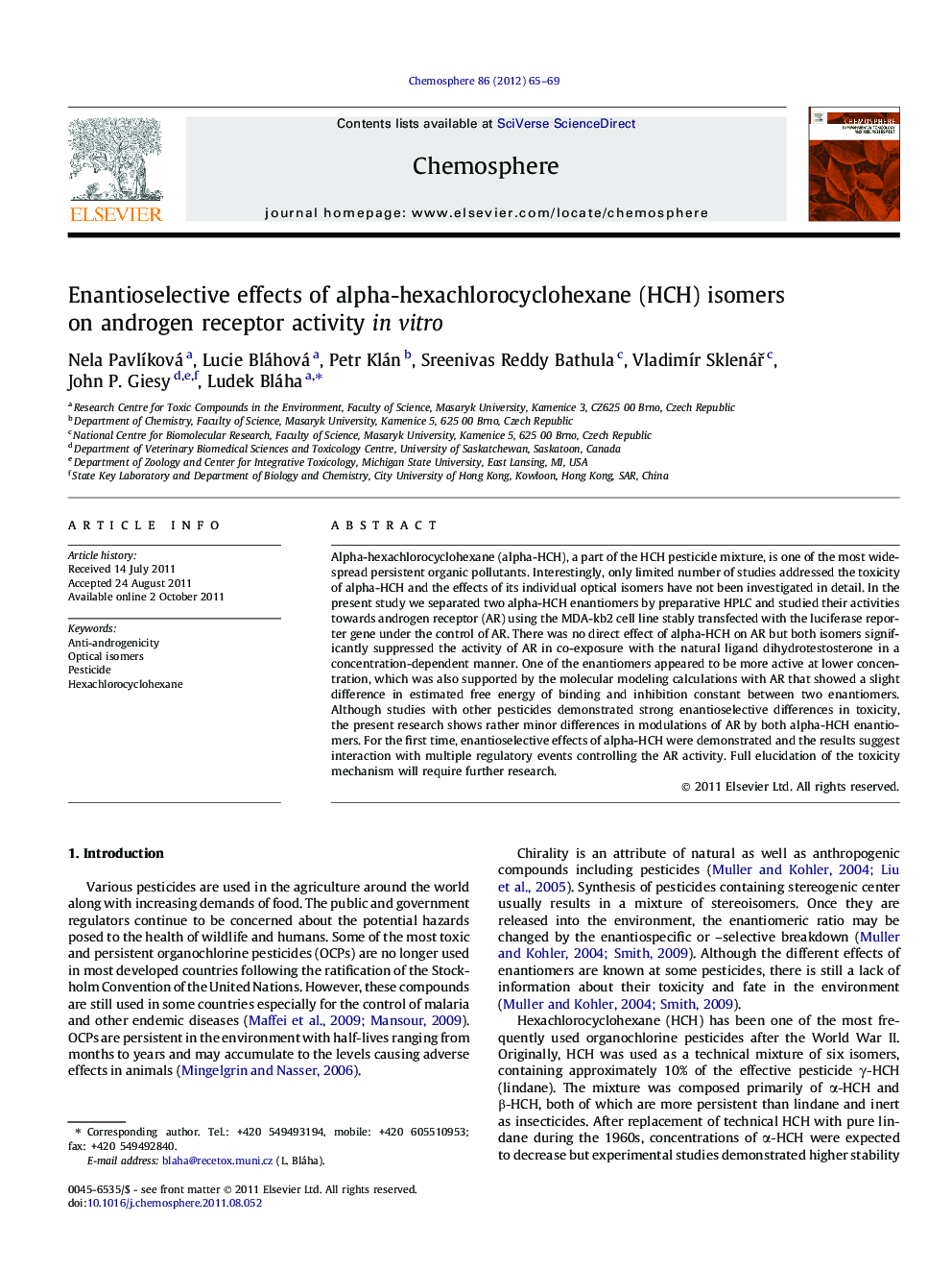 Enantioselective effects of alpha-hexachlorocyclohexane (HCH) isomers on androgen receptor activity in vitro